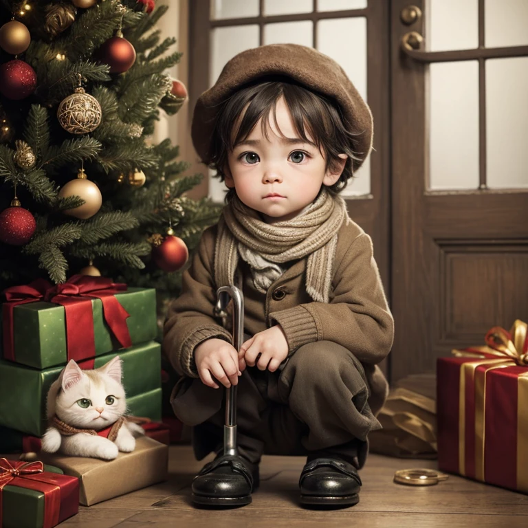 Poignant emotion, cutest micro kitten dressed as adorable Tiny Tim from ‘A Christmas Carol’, big glassy eyes, tiny face, short, crutch, tattered clothing & shoes, scarf, newsboy cap, sickly, Dickensian interior, Christmas tree background. Jean-Baptiste Monge, Mary Blair, Craig Davison, Mark Ryden. Chibi kawaii. Sweet dainty face, whiskers, soft detailed fur