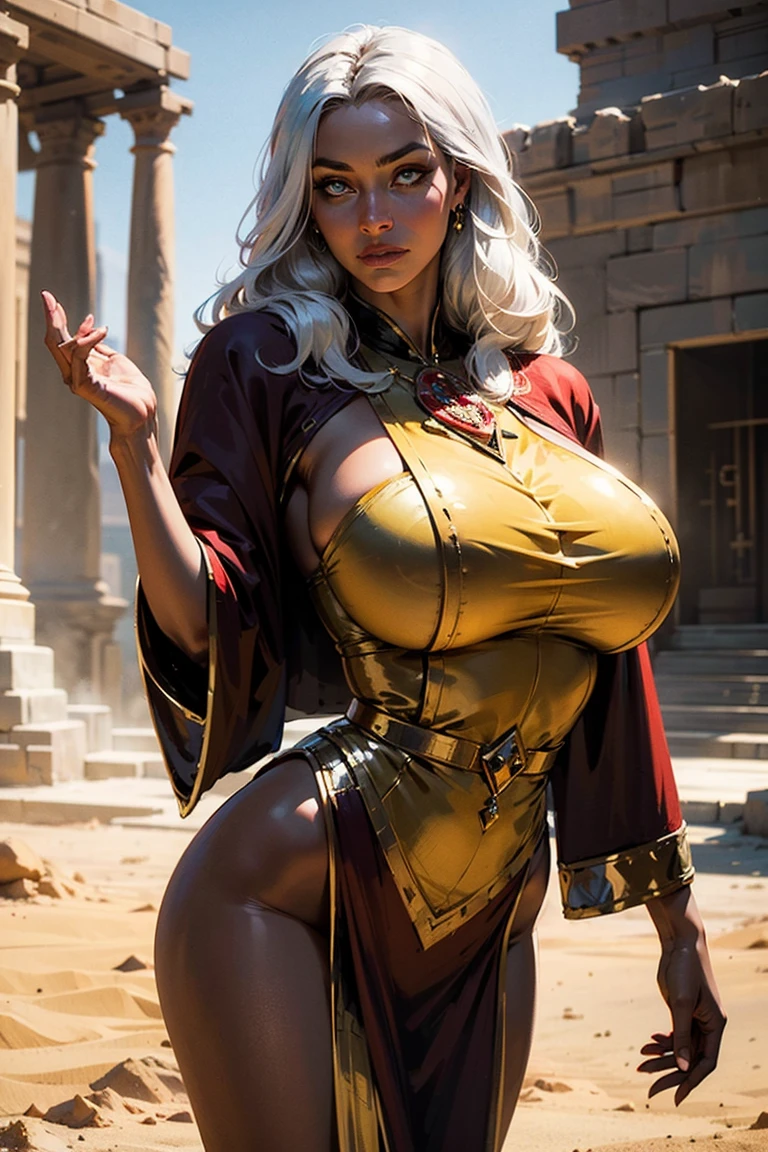 (masterpiece, best quality, ultra detailed, photorealistic, detailed attractive face, perfect face), (beautiful priestess, white hair, amber eyes, very long hair, (dark skin:1.2)), (regal silk robes), (red and gold robes), (tanned skin, (huge breasts:1.1), slim waist, wide hips), (disheveled hair:1.2), detailed eyeshadow, perfect body, ((tall body)), (shiny skin:1.1), beautiful detailed eyes, (detailed skin:1.4), (pinup pose), (solo:1.5), ultra realistic, (best shadow), (in desert temple), RAW photo, (photograph, photo, photogenic, rule of thirds),