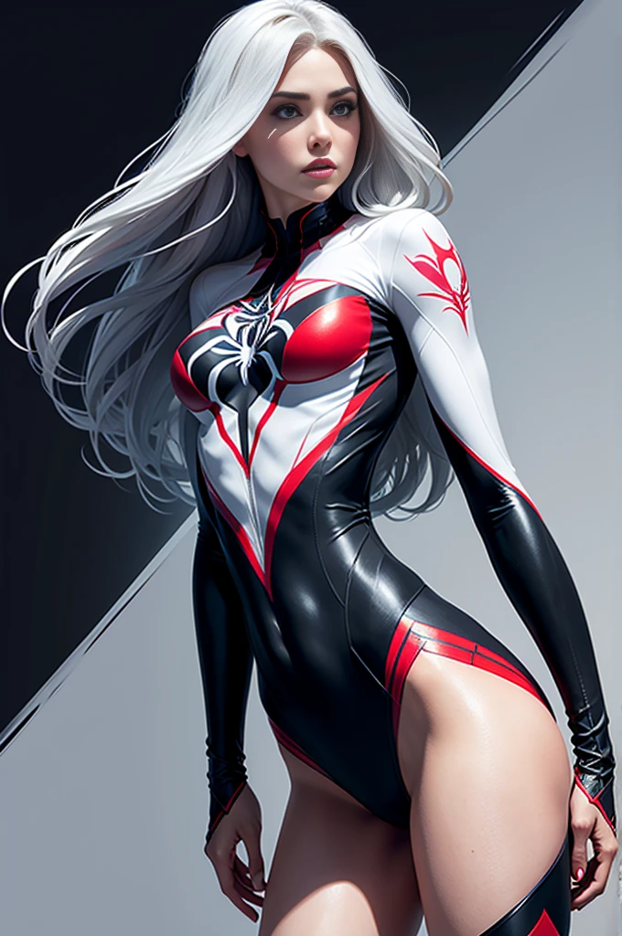 spider gwen, Hot, partial , hightquality, Dynamic Poses, Beautiful, Gorgeous, In love,Short suit, spider in a suit, white black red suit、Eliza Dushku