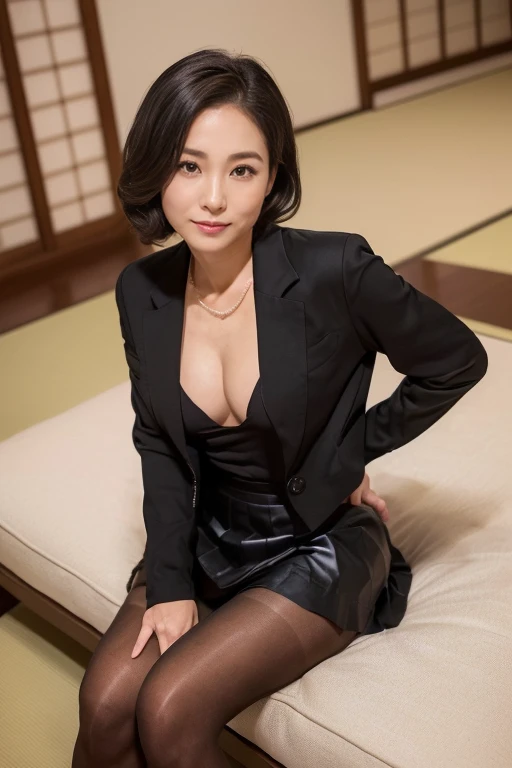 ((1人の女性,The most beautiful faces in Japan,40 years,Old face,A MILF,There are wrinkles at the corners of the eyes,Perfect gas chamber,Shot up close,Looking at the camera,View here)),((((Black shirt,Black suit jacket,Black skirt)))),((pearls necklace,Classy hairstyle,natural make up,The chest is very bulging,Smile here,Lowered eyebrows,drooping eyebrows,Staring at them with an adorable expression,Sitting in a Japanese-style room,Japanese-style tatami room,shoji,,Seowon Building,Sitting on a cushion in a room in Japan,Looking at the camera,look at a camera,Take a photo above from your lap)),((Turn to this,View here,Perfect fingers,perfect arms,细致背景,top-quality,The ultra -The high-definition,Perfect Anatomy,high-definition RAW color photography,professional photograpy, extremely delicate and beautiful, Extremely detailed,finely detail, Huge file size,Top image quality,8K,Award-Winning Works,masutepiece)),(((Black pantyhose:1.3,Her pantyhose is transparent and her thighs are visible....)))