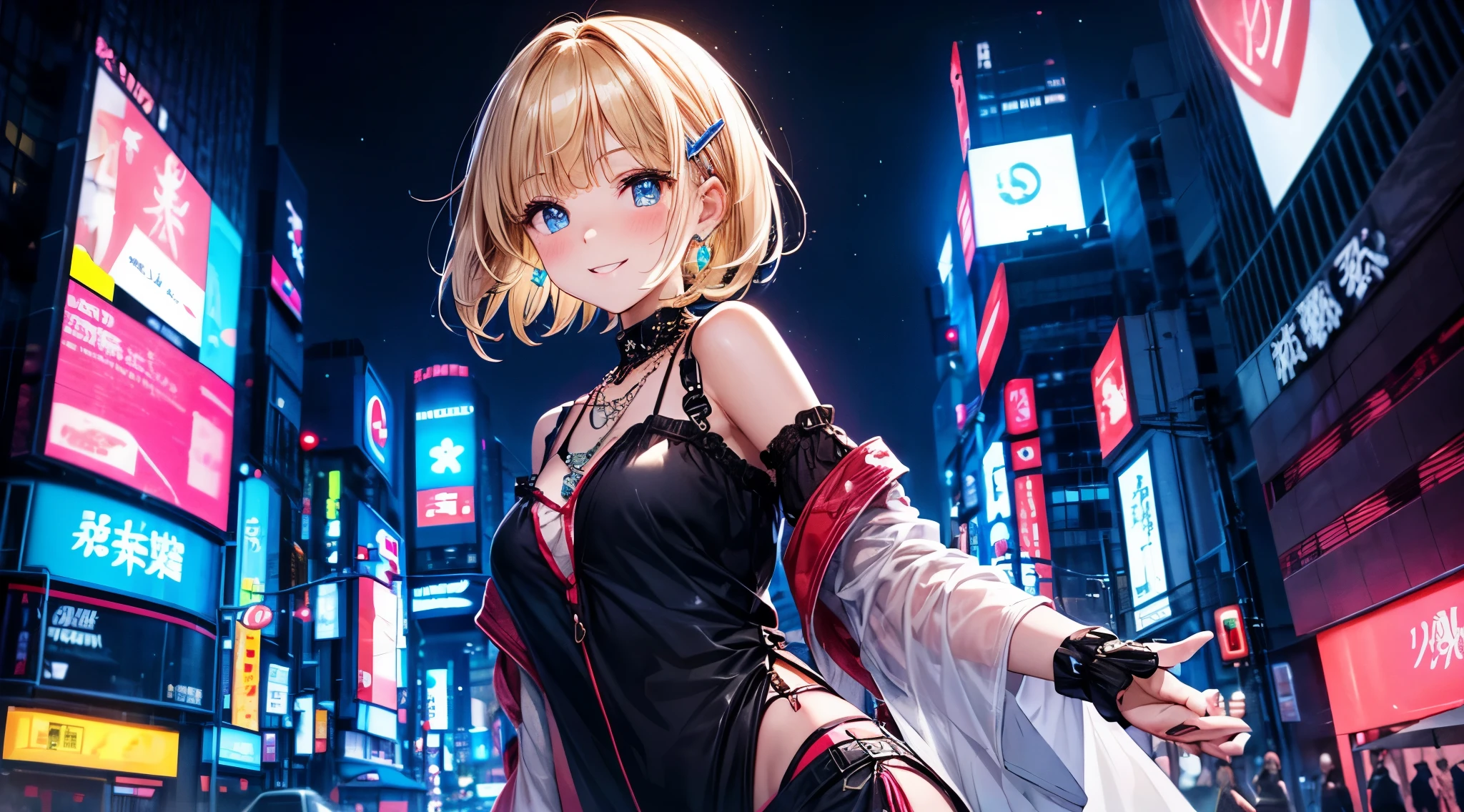 absurderes, (独奏:1.5,)ultra-detailliert,bright colour, extremely beautiful detailed face and eyes, view straight on,skimpy clothes, full-length photo of a girl, shiny_skin, Happy smiling face、Short hair, , asymmetrical bangs, Blonde hair with short twin tails, Shiny hair, Delicate beautiful face, red blush、(Blue eyes), White skin, hair clips, earrings, a necklace, onepiece、(Midnight Tokyo)、(Lots of neon:1.3),(highrise buildings:1.2),(Scramble crossing)