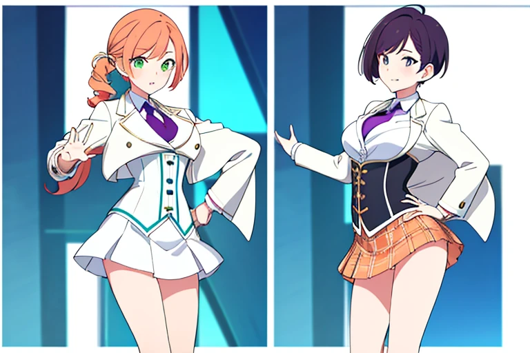 (((Best Quality))) , ((full body)), female, multiple views, white background, variety of hairstyles, seductive pose, cropped open short blazer, mini skirt, blue, orange, green, violet, brown, white, corset,