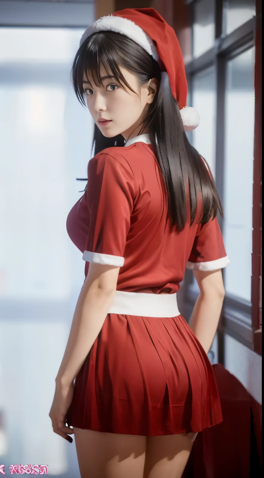 beautfull Japanease woman，(Red Santa Claus costume：1.5)，Christmas tree，Black hair, surrealism, F/1.2, 35 mm, Fuji Film, 8K, Super Detail, nffsw, masutepiece, ccurate, Anatomically correct, Textured skin, Super Detail, high details, High quality, Best Quality, hight resolution