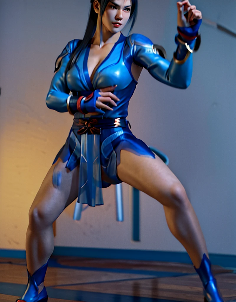 Customary photo of a woman wearing a blue outfit and playing a game, Of the virtuous fighter, Character fighting game, As a character in Tekken, Chun-lee, Chun Lee, Chun Lee, fighting stance, A character from Mortal Kombat, Fighter pose, kunoichi, Character from the King of Fighters, in Fighter poses, Combat position, Kitana from Mortal Kombat