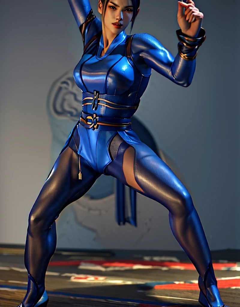 Customary photo of a woman wearing a blue outfit and playing a game, Of the virtuous fighter, Character fighting game, As a character in Tekken, Chun-lee, Chun Lee, Chun Lee, fighting stance, A character from Mortal Kombat, Fighter pose, kunoichi, Character from the King of Fighters, in Fighter poses, Combat position, Kitana from Mortal Kombat