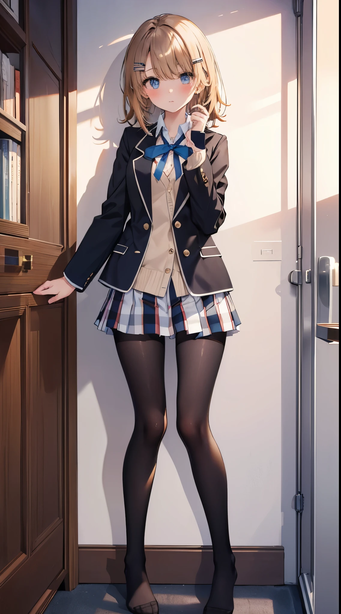 Finest, masterpiece, high definition, (full body), frontal, symmetrical, mature high school girl, solo, (full body from head to toe), small breasts, long hair, slightly messy hair, (black tights), ( (black pantyhose), black pantyhose, composition showing white panties, slender beautiful legs, a very beautiful 17-year-old girl (not wearing shoes) legs), blushing, shy big eyes, (short (brown hair)), (bangs), messy hair, (hair clip), looking at camera, showing white panties, white frilly lingerie, high school uniform blazer, high school uniform White blouse, high school uniform with blue ribbon, high school uniform with short plaid pattern and navy pleated skirt