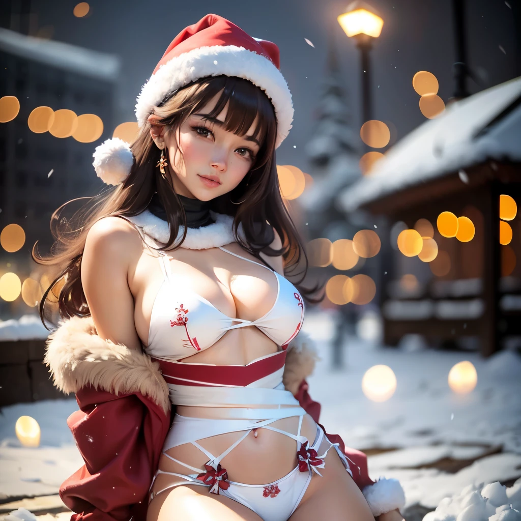 1 chica japonesa, Mirando el parque de atracciones cubierto de nieve., Young woman dressed as Santa Claus standing with legs apart, Mujer casada, Un MILF, maduro, Enorme e impresionante foto de diosa, Japan goddess, el extremadamente caliente y sexy, Potente y enorme, Belleza asombrosa, Japan goddess, Senos muy grandes, grande, ((Santa Claus costume with miniskirt and hat.)), (Vistiendo:mini vestido rojo adornado con piel blanca, thick black belt, Botas largas de cuero rojo), (muslo visible), (inclinate hacia adelante y te miro), (Los fuegos artificiales suenan en el parque de atracciones por la noche.), en la nieve, (fondo: Night city decorated with Christmas illuminations.), Personajes animales bailan al fondo., ((highest qualityr, 8k, Masutepiece:1.3)), cuerpo completo Esbian, patas largas, Hermosa mujer con forma de cuerpo perfecta:1.4, abdominales delgados:1.1, ((dark brown hair、Tetas colosales:1.2)), Textura facial y de piel altamente detallada, Un ojo detallado, 二重まぶた, (Mira desde abajo), De la rodilla al pecho, cuerpo delgado, sonriente, (cabello desordenado, asymmetrical bangs, brown light hair,) - @Toni Alvarez (Waiting to start) (editado) --auto --s2