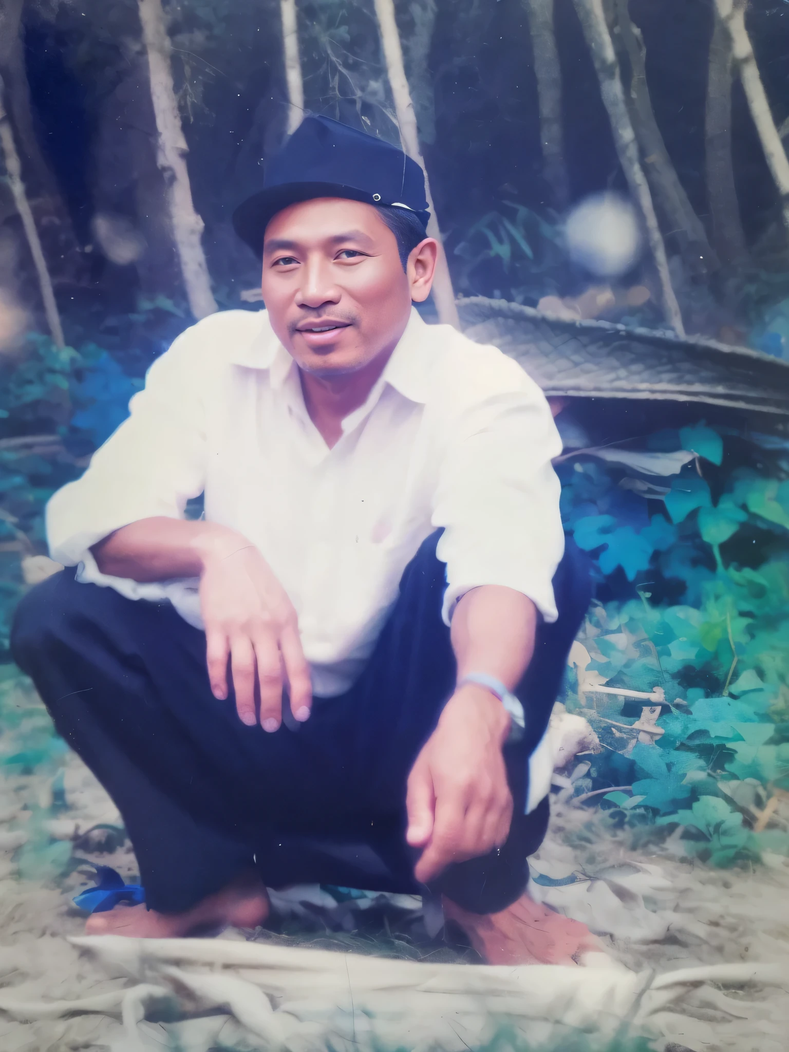 There was a man wearing a hat kneeling in a field...., very very low quality picture, About 1 year old,9 years, Jay Fong Yindian - Jiangxi, hoang long ly, a Photos of a man, Photos of a man, 4 0 years old man, photo taken in 2 0 2 0, thawan duchanee