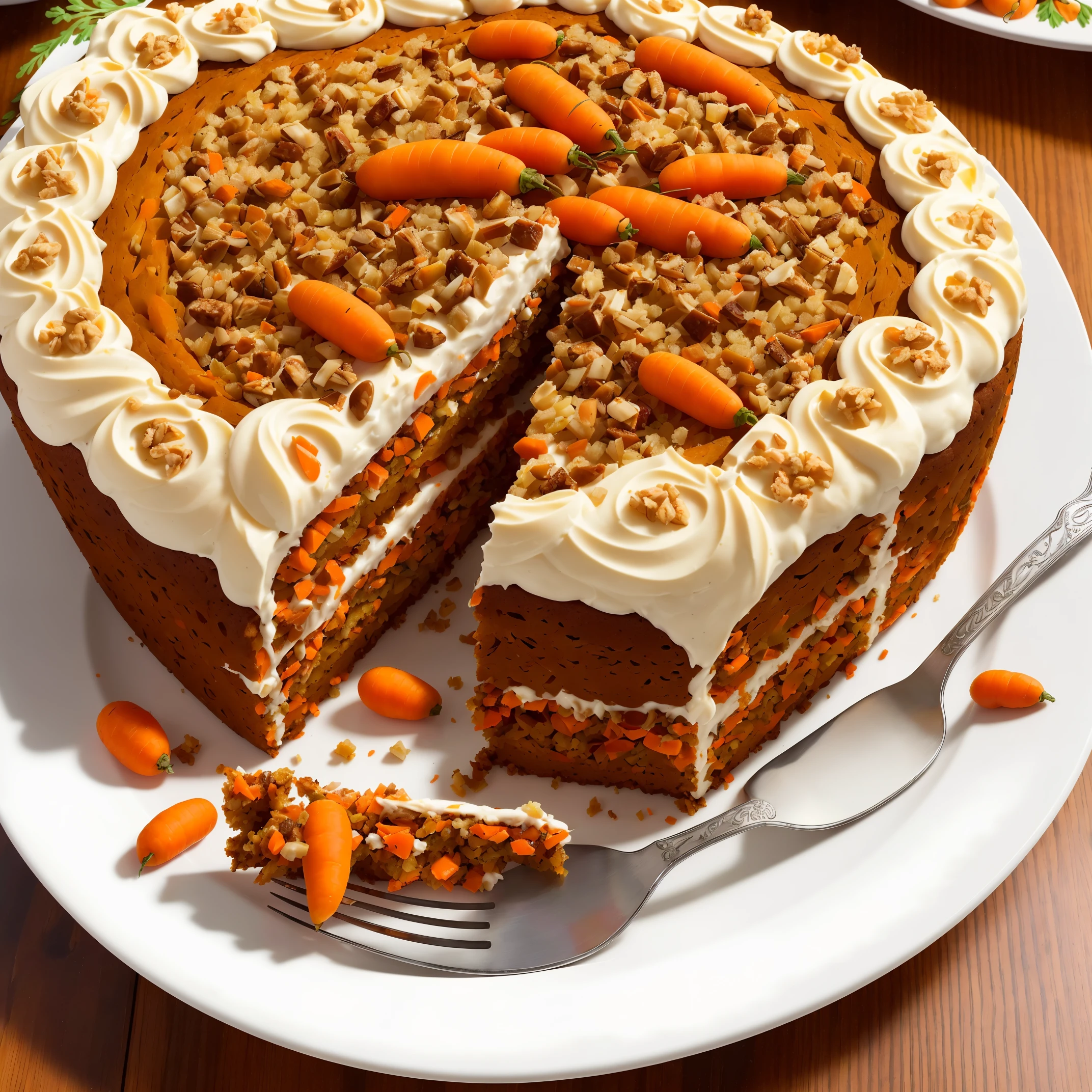 (Best quality: 1.4), (Masterpiece: 1.2), detailed, complex, high resolution, delicious carrot cake, (country dinner background) +, a carrot, (complex details: 1.12), HDR, (complex details, super detail: 1.15)