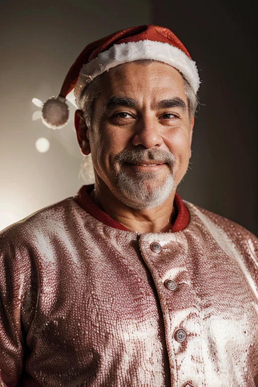 Ancient generals wore Santa Claus' clothes ,Strong body,bellyfat,Icy background,60-year-old middle-aged man,male people,he is about 60 years old,Thick eyebrows, Big eyes,opens his eyes wide,With a smile,Gentle expression,Give gifts,musculature,medical doctor coat,