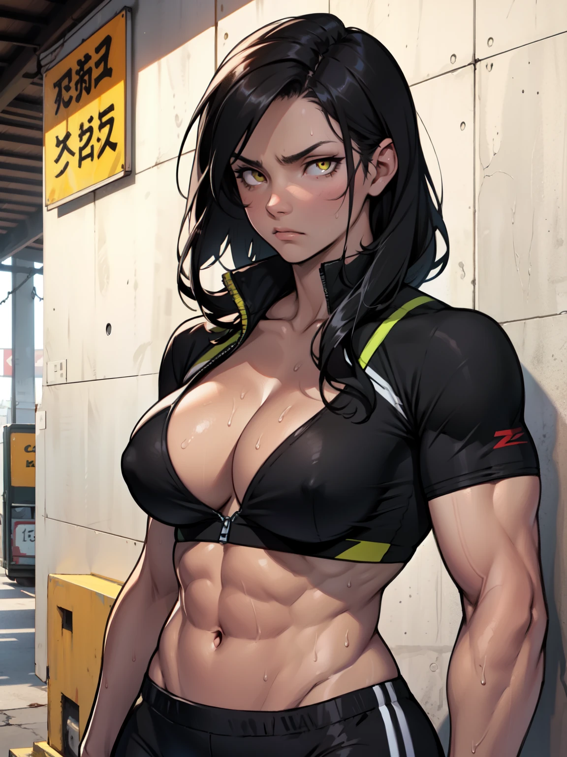 long abs muscular girl large breasts pale skin black hair yellow eyes serious cleavage sad sweaty