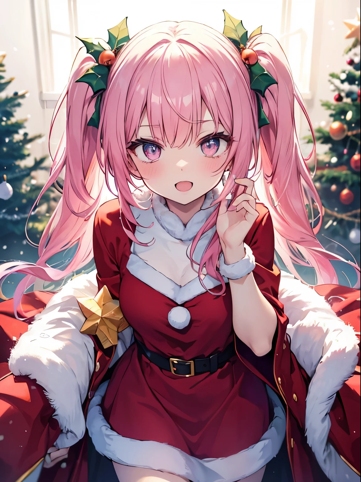 masutepiece, Highest Quality, (Perfect face:1.1), (high detailing:1.1), (ultradetailed eyes), Dramatic, superfine illustration, Extremely detailed,1girl in, (pale skin), Happy, Laugh, Enjoy, Cheerful,Open mouth,gloweyes,pinkhair, (long twintail),Ethereal eyes, pink eye,(light eyebrow),blush, Solo,Pouty lips,Cinematic lighting,Cowboy Shot, Looking at Viewer, Christmas, Santa Claus costume,Christmas tree, Christmas present, snowman,winter,snow