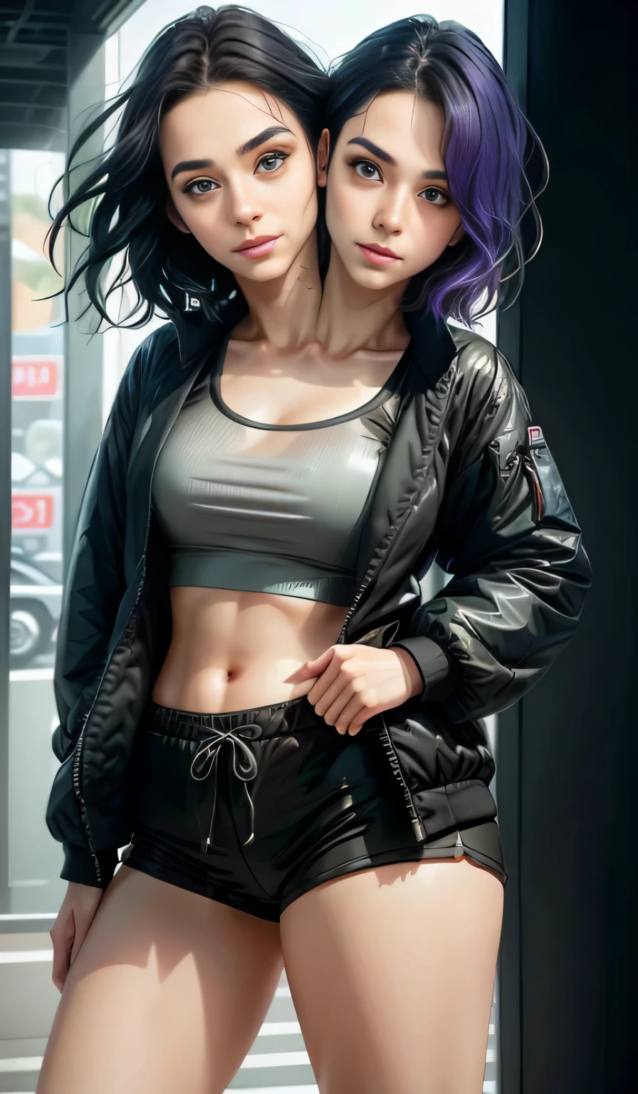 2heads, portrait photography, beautiful young woman looking off camera in futuristic jacket, yoga shorts, 21 years old, super realistic face, colorful hair, short hair, eyes visible through hair, proper eye position, natural skin, soft light, hips, detailed background, intricate , highly detail, octane render, HD, 8k, by Annie Leibovitz,120mm