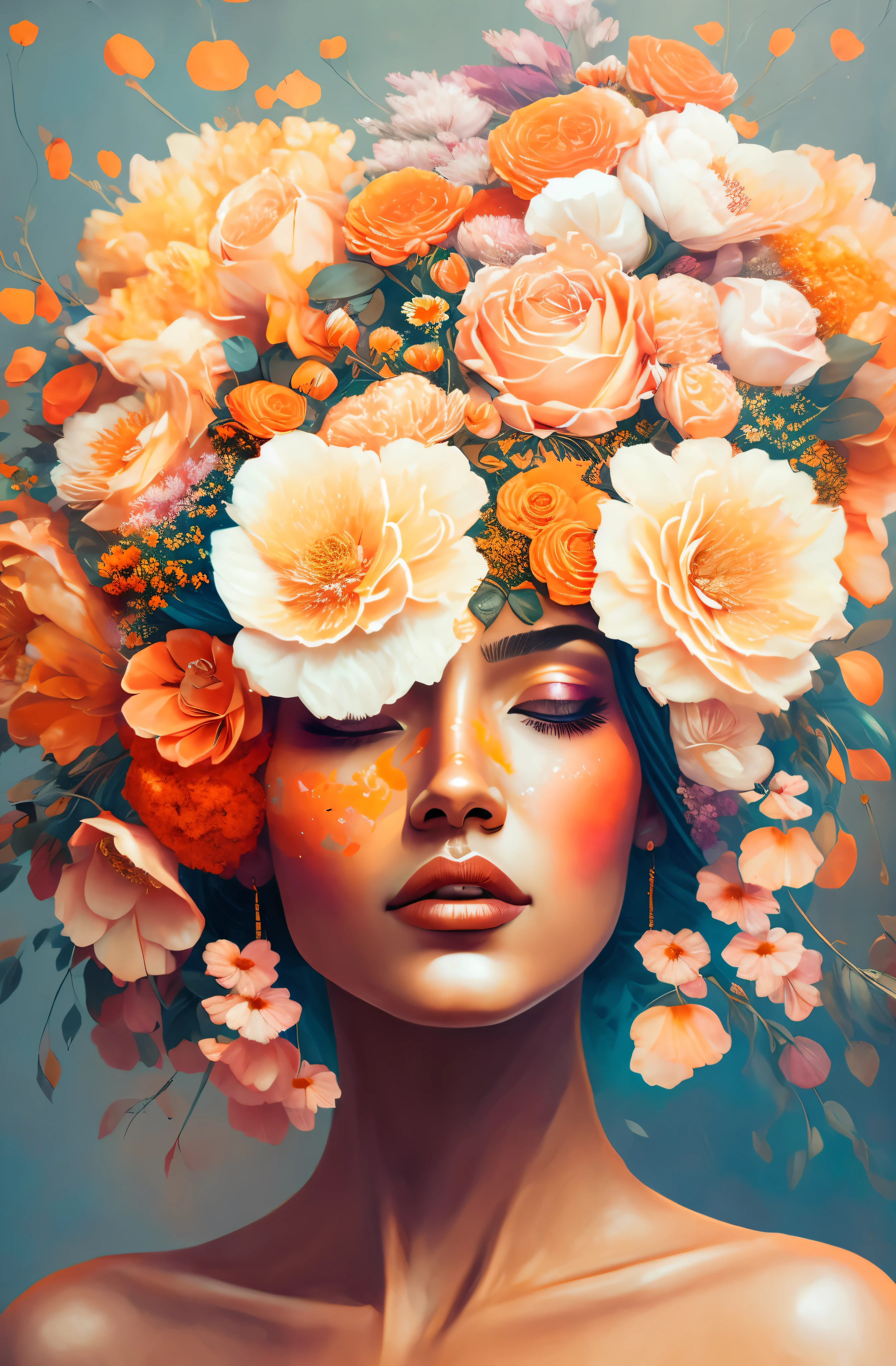 painting of a woman with flowers on her head, orange background, woman in flowers, painting by android jones, flower queen, made of flowers, queen of flowers, flower goddess, roses in her hair, inspired by Sandra Chevrier, wrapped in flowers, girl with a flower head, made of flowers, turban of flowers, female portrait with flowers, full of flowers