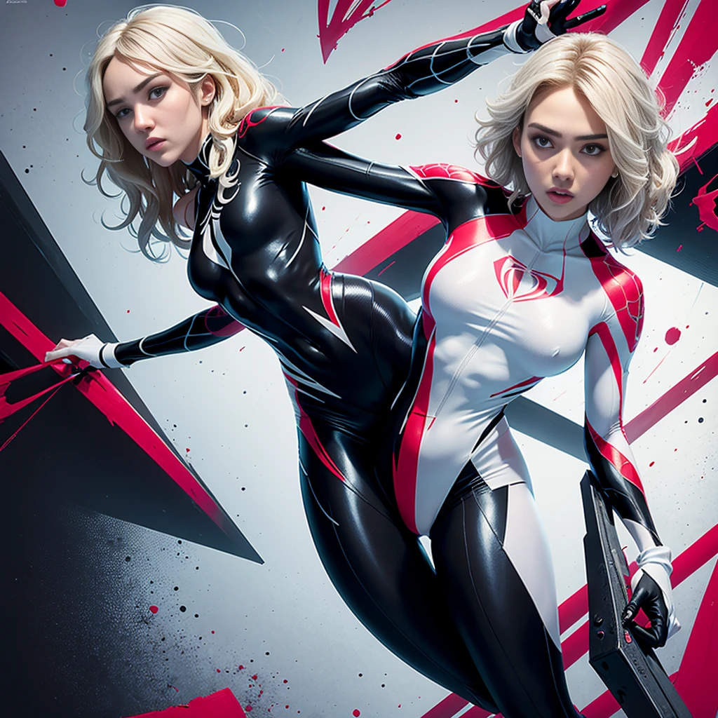 spider gwen, Hot, partial , hightquality, Dynamic Poses, Beautiful, Gorgeous, In love, White hair, Short suit, spider in a suit, white black red suit、Jessica Alba