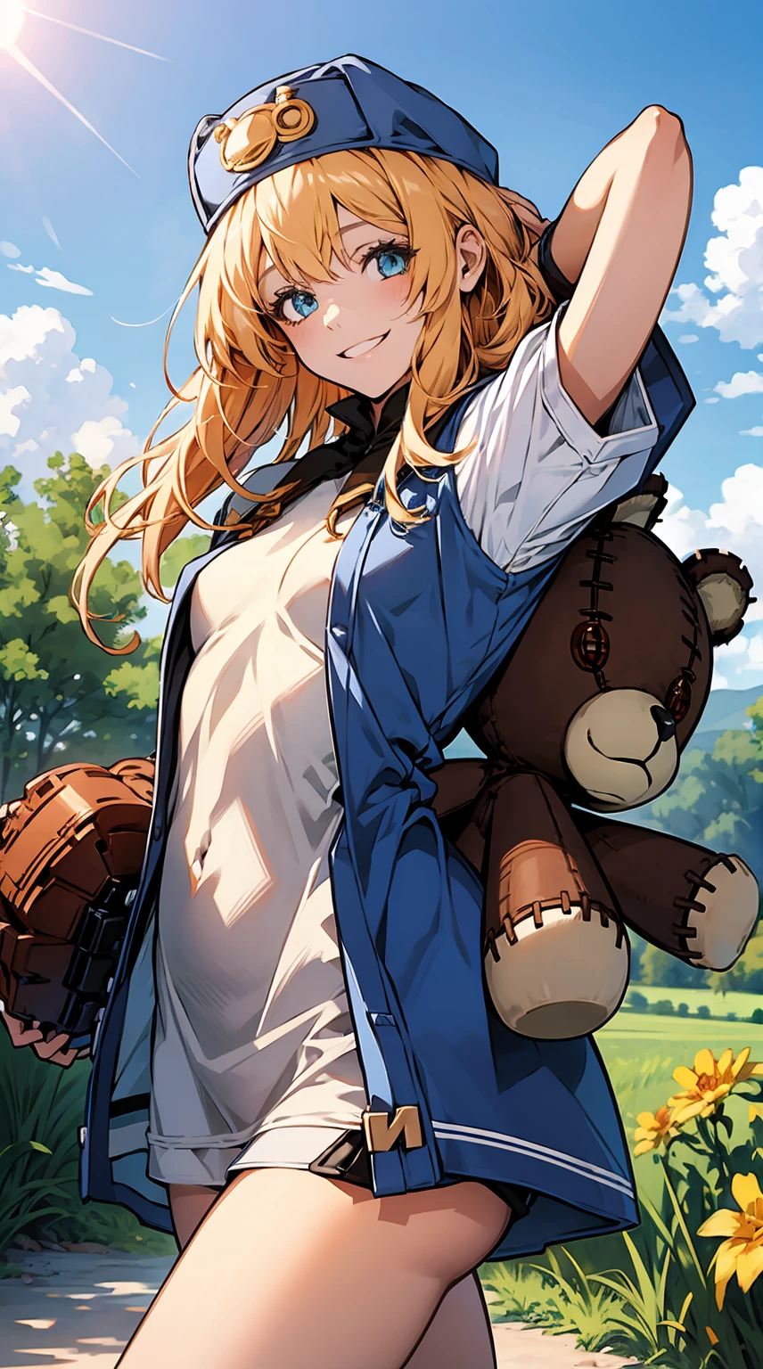 1girl, solo, cute,small breasts, smile, with a teddy bear,There is a big teddy bear,sunny day,best quality, masterpiece