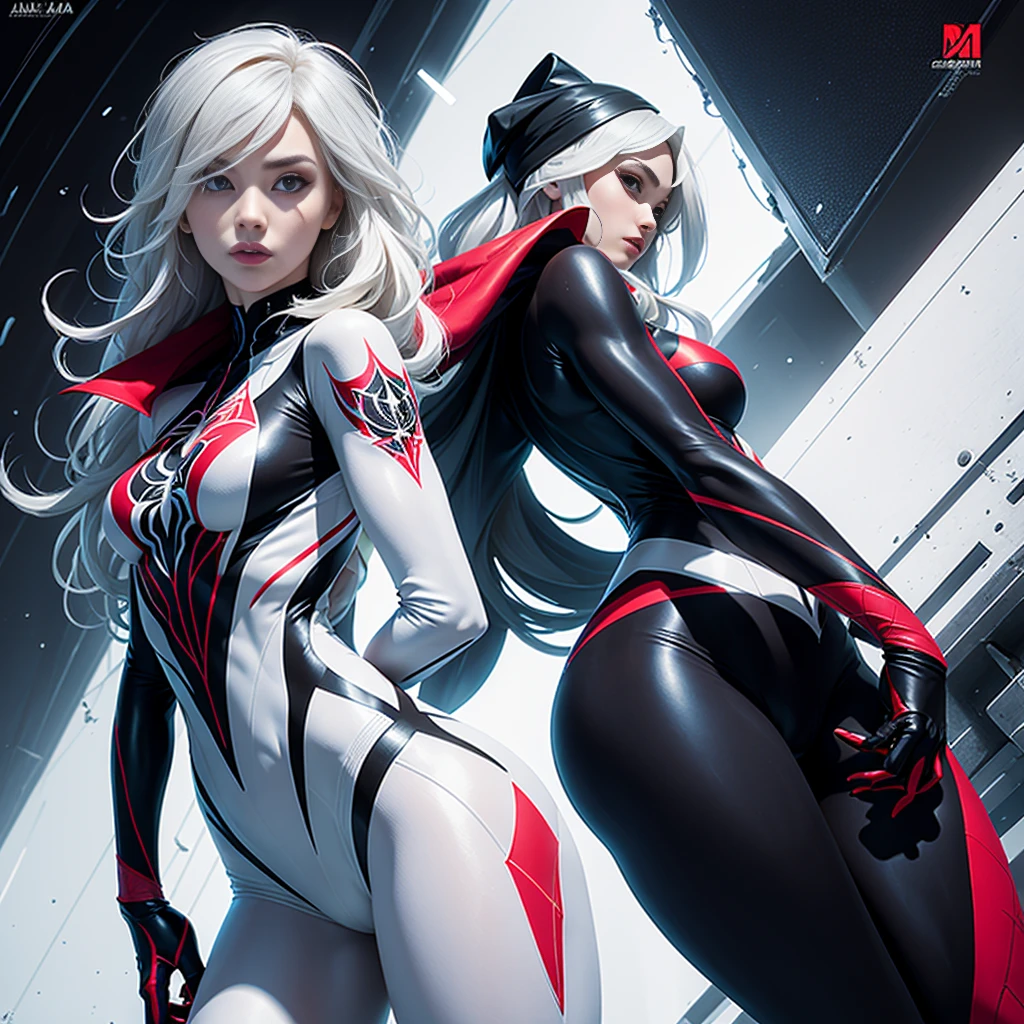 spider gwen, Hot, partial , hightquality, Dynamic Poses, Beautiful, Gorgeous, In love,Short suit, spider in a suit, white black red suit、Jessica Al