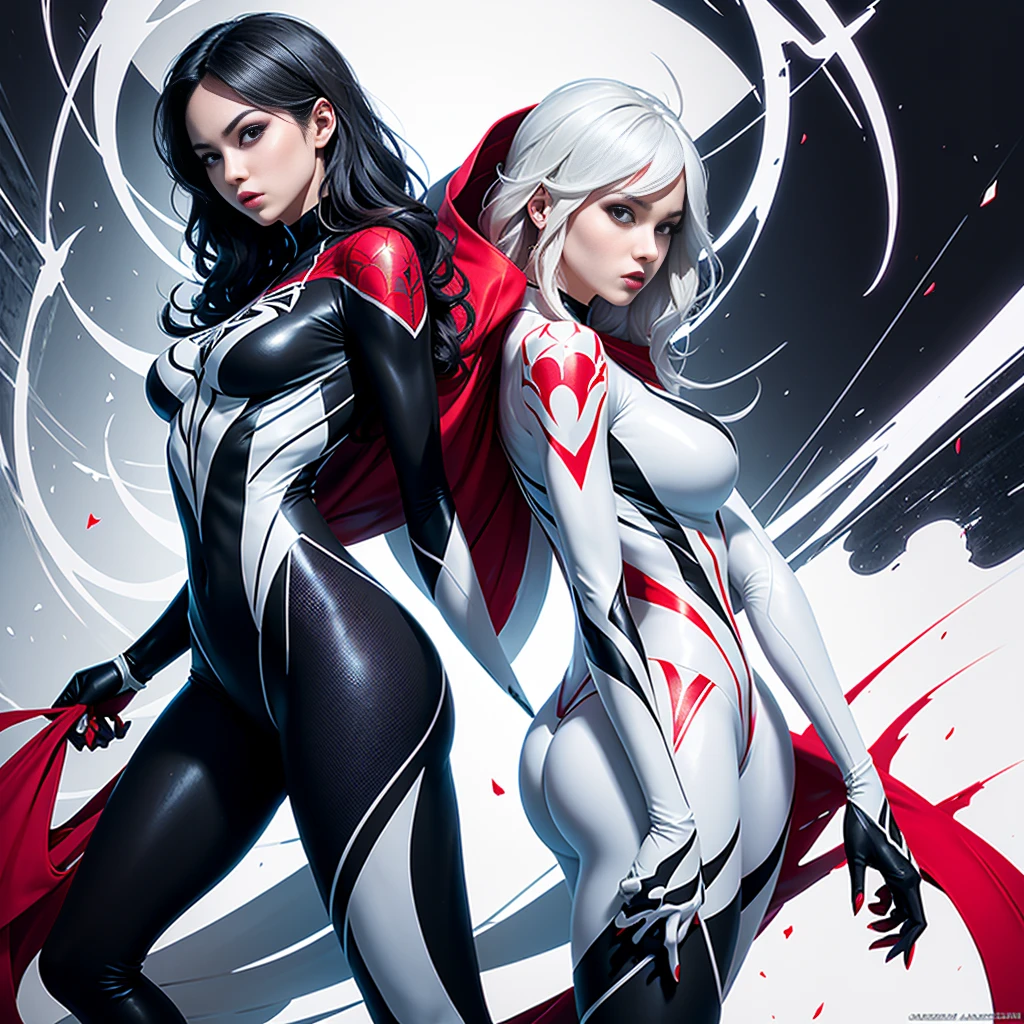 spider gwen, Hot, partial , hightquality, Dynamic Poses, Beautiful, Gorgeous, In love,Short suit, spider in a suit, white black red suit、Jessica Al