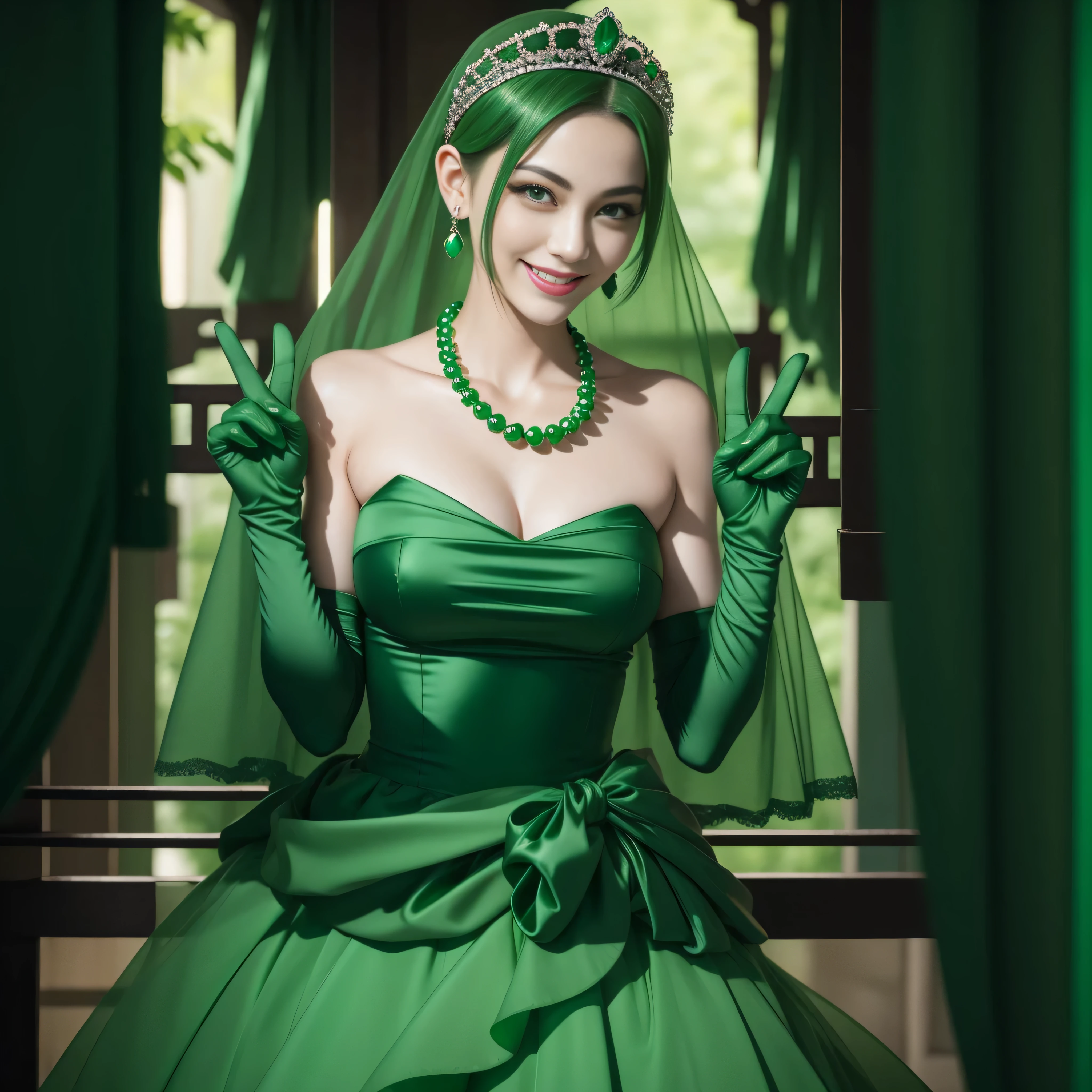 emerald tiara, Green Pearl Necklace, Boyish very short green hair, lipsticks, Japan woman smiling, very short short hair, big breasts beautiful, Green eyes, Long green gloves made of satin material, Green eyes, Emerald Earrings, green vale, v sign