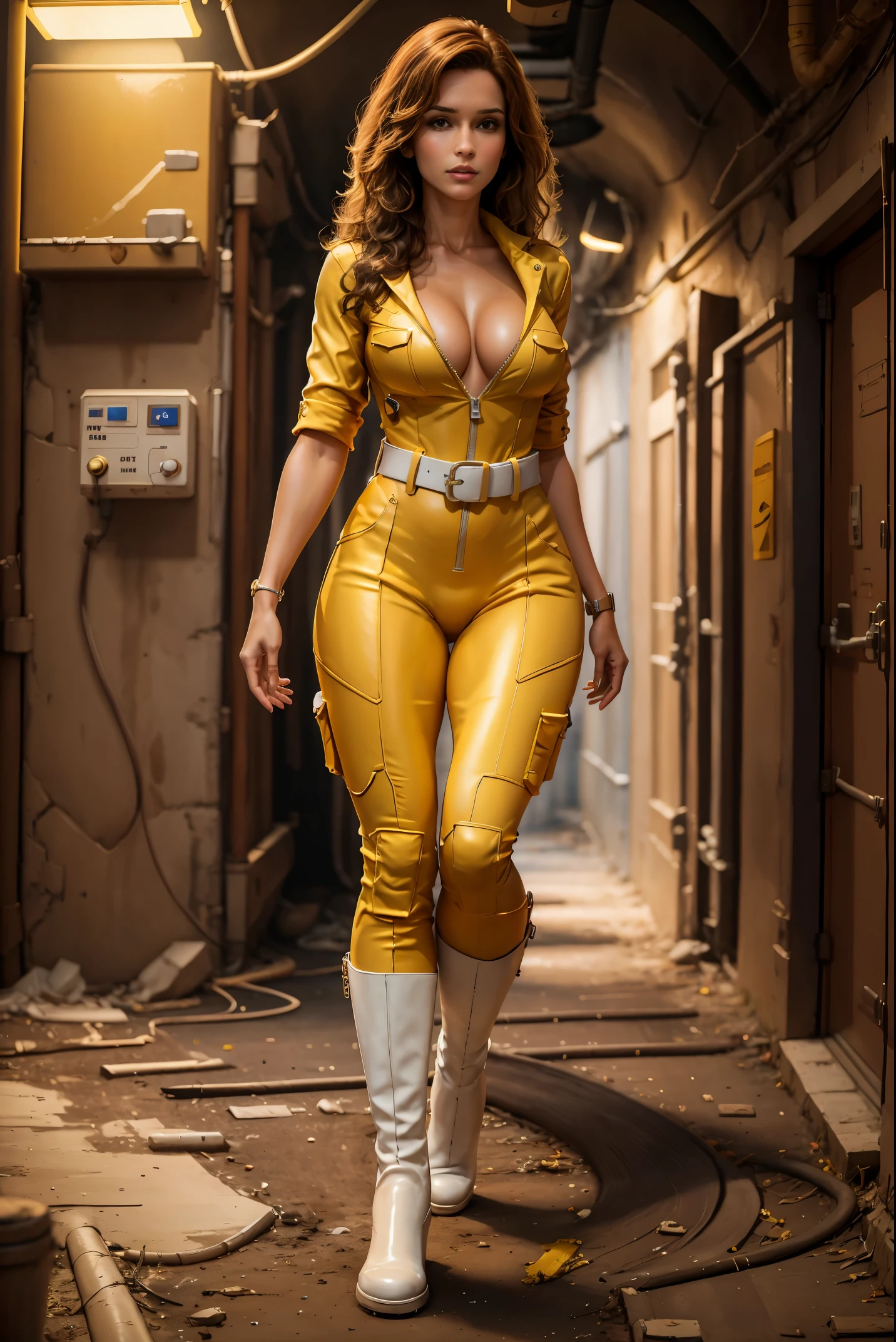 (best quality,4k,8k,highres,masterpiece:1.2), ultra-detailed, realistic:1.37, portraits, HDR, underground sewer, dirty city background, April O'Neil, sultry pose, form-fitting yellow jumpsuit, unzipped, white belt, white boots, cleavage, intense lighting, vibrant colors, physically-based rendering, long brown hair, seductive gaze, white boots, white belt