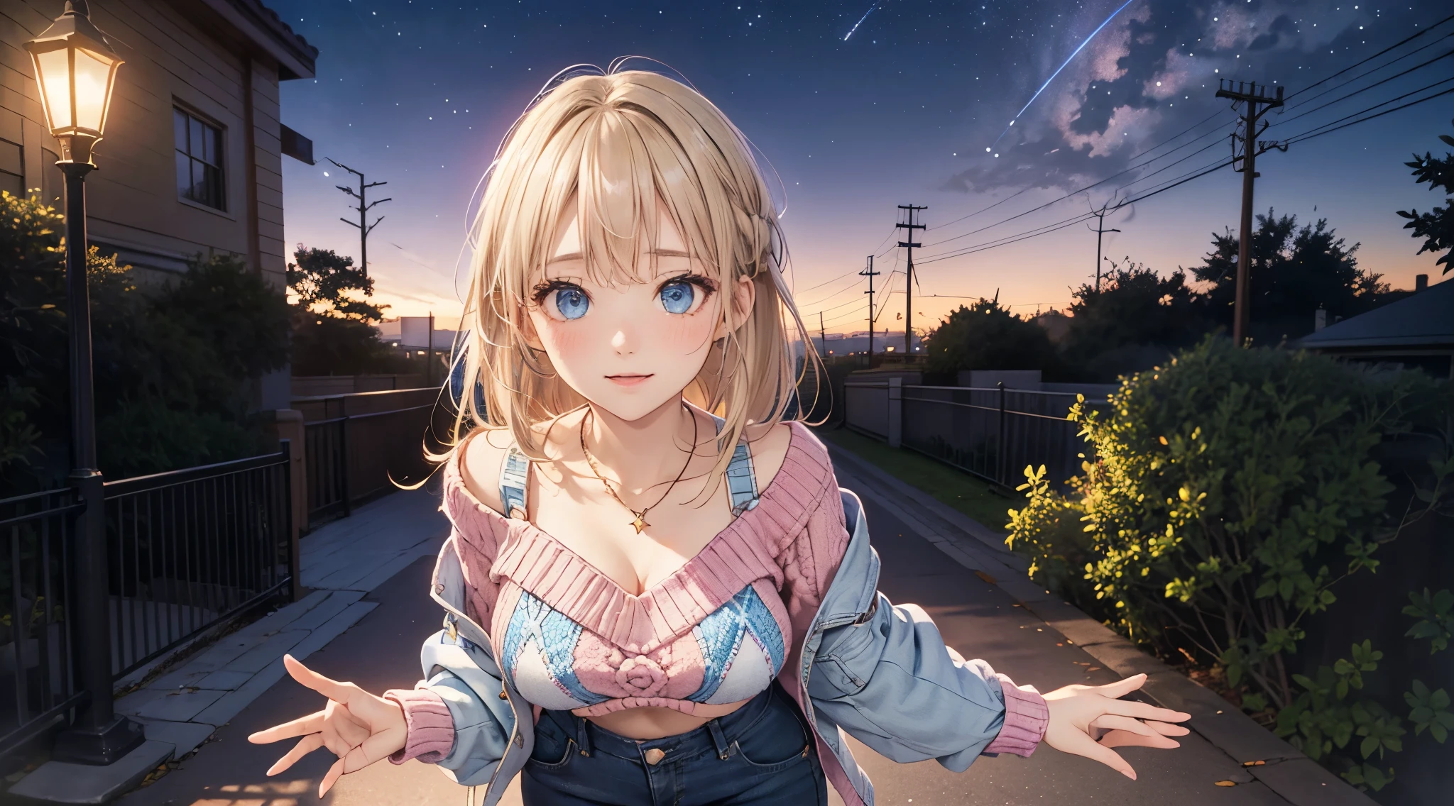 Full length image of a girl, absurderes, ultra-detailliert,bright colour,(At 8K:1.3),masuter piece,extremely beautiful detailed face and eyes,skimpy clothes, full-length photo of a girl,(Deep Blue Eyes:1.2),(Loose Size Pink Argyle Knit:1.4),(Short denim:1.2),Cute smile、Synchrosis Necklace、Stylish bracelets,Inside the boutique,(Full body:1.2) X-Hair,Aurora、city light、constellation、Crescent,intergalactic,lamp post, Particles of light, milkyway, natta, nigh sky, outside of house, planetes, Power lines, shooting stars, Skysky, Skyscraper, 独奏、Stargazing,Star_\(skyporn\)、starrysky、Winters、(Smooth straight blonde hair:1.3), (Shiny hair:1.2), Delicate beautiful face, red blush、