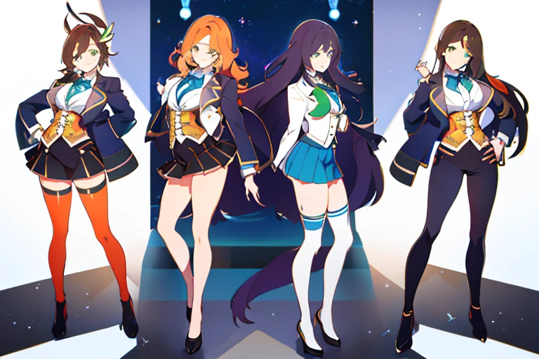 (((Best Quality))) , ((full body)), female, multiple views, white background, variety of hairstyles, seductive pose, cropped open blazer, mini skirt, blue, orange, green, violet, brown, white,