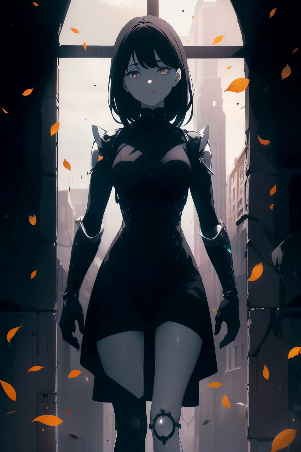 ((((Obra maestra, La mejor calidad, ultrahigh resolution)))), 1girl, happy, standing, (((doll knees, doll elbows, ((doll joints:1.2, action figure limbs:1.2, segmented body))), [mechanical body], (segmented waist), (doll waist), (black hair, dark black hair over eye:1), long hair cut, pale skin, ((brown eyes)), ((glowing_eyes)), (((ultra detailed eyes:0.7, beautiful and detailed face, detailed eyes:0.9))), ((centered)), (wide shot), facing viewer, (((outdoors, darkness, falling leaves:0.9))), medium breasts, looking at viewer, ((half closed eyes)), ((perfect hands)), (((head:1, arms, hips in view, elbows, thighs, in view))), ((hands at sides)), lively eyes, beautiful lighting, outside, outdoors, background, ((defined subject)), 25 years old, (head tilt), (((cool))), ((lively)), (((high contrast)))