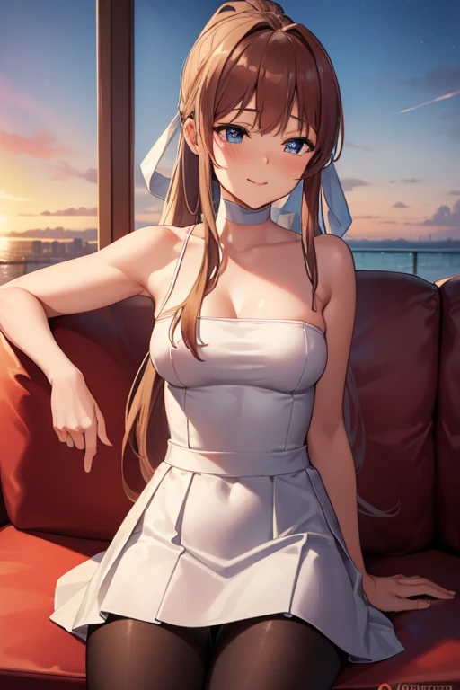 ((full pose:1.5)), ((sitting sofa:1.5)),  solo, 1 girl, ((incoming kiss:1.5)), ((kiss viever:1.4)), ddlcmonika, ddlcmonika, blunt bangs, brown hair, (close eyes:1.5), long hair, ponytail, ribbon, white ribbon, hair ribbon, sidelocks, ((happy face:1.4)), ((armpits)), ((short white dress:1.4)), ((black pantyhose:1.4)), 
BREAK ((looking at viever))
BREAK living room background, ((medium breasts:1.4)), 
BREAK (masterpiece:1.2), best quality, high resolution, unity 8k wallpaper, (illustration:0.8), (beautiful detailed eyes:1.6), extremely detailed face, perfect lighting, extremely detailed CG, (perfect hands, perfect anatomy), ((sky from bellow:1.5)), ((view from bellow:1.5)),