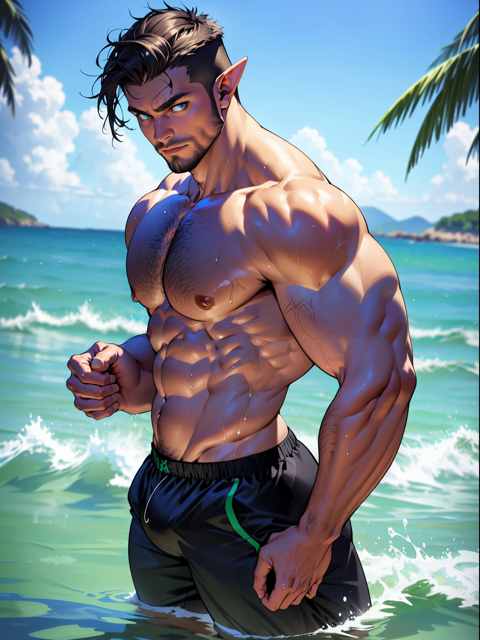 (Masterpiece, Best quality), ((Elf Man)), Wears extra tight black boxers, (((Pattern_designs_thongs_perspire_massive pec_Get wet all over your body))) , Bio-luminescence_water_world, wide angles, atheletic body, (((Male Elf))), Shiny_skin, muscular，ocean eyes, determined expression, Small waist, broad chest, large mane, Muscular，((Thick body hair))，(Top-down view)，Rounded buttocktremely detailed, extremely detailed legs, extremely detailed arms, Extremely detailed face, Perfect Detailed Eyes, perfectly detailed anatomy)),4K, ((topless)))