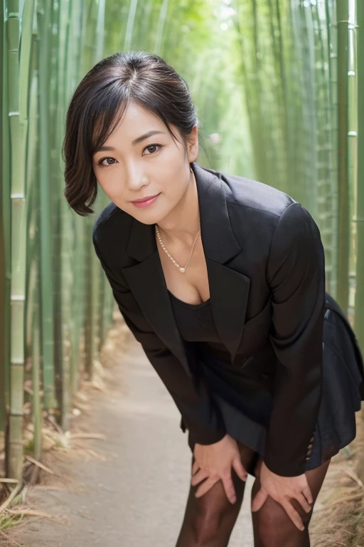 ((1人の女性,The most beautiful faces in Japan,40 years,Old face,A MILF,There are wrinkles at the corners of the eyes,a park,Shot up close,Looking at the camera,View here)),((((Black shirt,Black suit jacket,Black skirt)))),((pearls necklace,Classy hairstyle,natural make up,The chest is very bulging,Smile here,Lowered eyebrows,drooping eyebrows,Staring at them with an adorable expression,standing in front of a bamboo forest,Wearing black high heels,Looking at the camera,look at a camera,Take a photo above from your lap)),((Turn to this,View here,Perfect fingers,perfect arms,细致背景,top-quality,The ultra -The high-definition,Perfect Anatomy,high-definition RAW color photography,professional photograpy, extremely delicate and beautiful, Extremely detailed,finely detail, Huge file size,Top image quality,8K,Award-Winning Works,masutepiece)),(((Black pantyhose:1.3,Her pantyhose is transparent and her thighs are visible.....)))