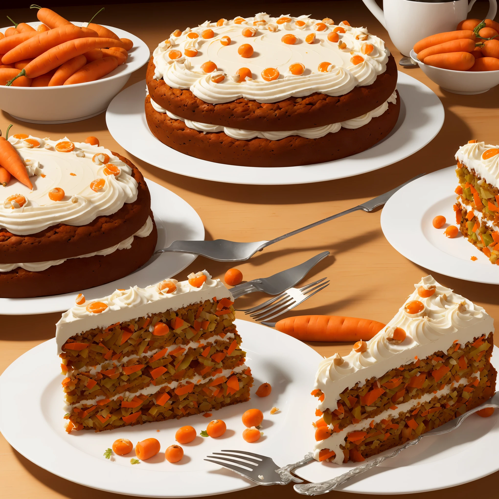 (Best quality: 1.4), (Masterpiece: 1.2), detailed, complex, high resolution, delicious carrot cake, (country dinner background) +, a carrot, (complex details: 1.12), HDR, (complex details, super detail: 1.15)