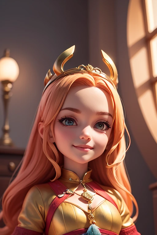 Beautiful female head viking, pelo rojo, disfraz de guerrera vikinga, en globo de nieve, sonrisa suave, Lindo retrato de cuerpo entero, figura esbelta de pie, Personaje de dibujos animados, personaje de pixar, medieval, Renderizado 3D, symatic lighting, Trazado de rayos. Rojo crujiente, luz radiante, bosque misteriosa, (la mejor calidad, 8k, high resolusion, tmasterpiece:1.2), caprichoso.
