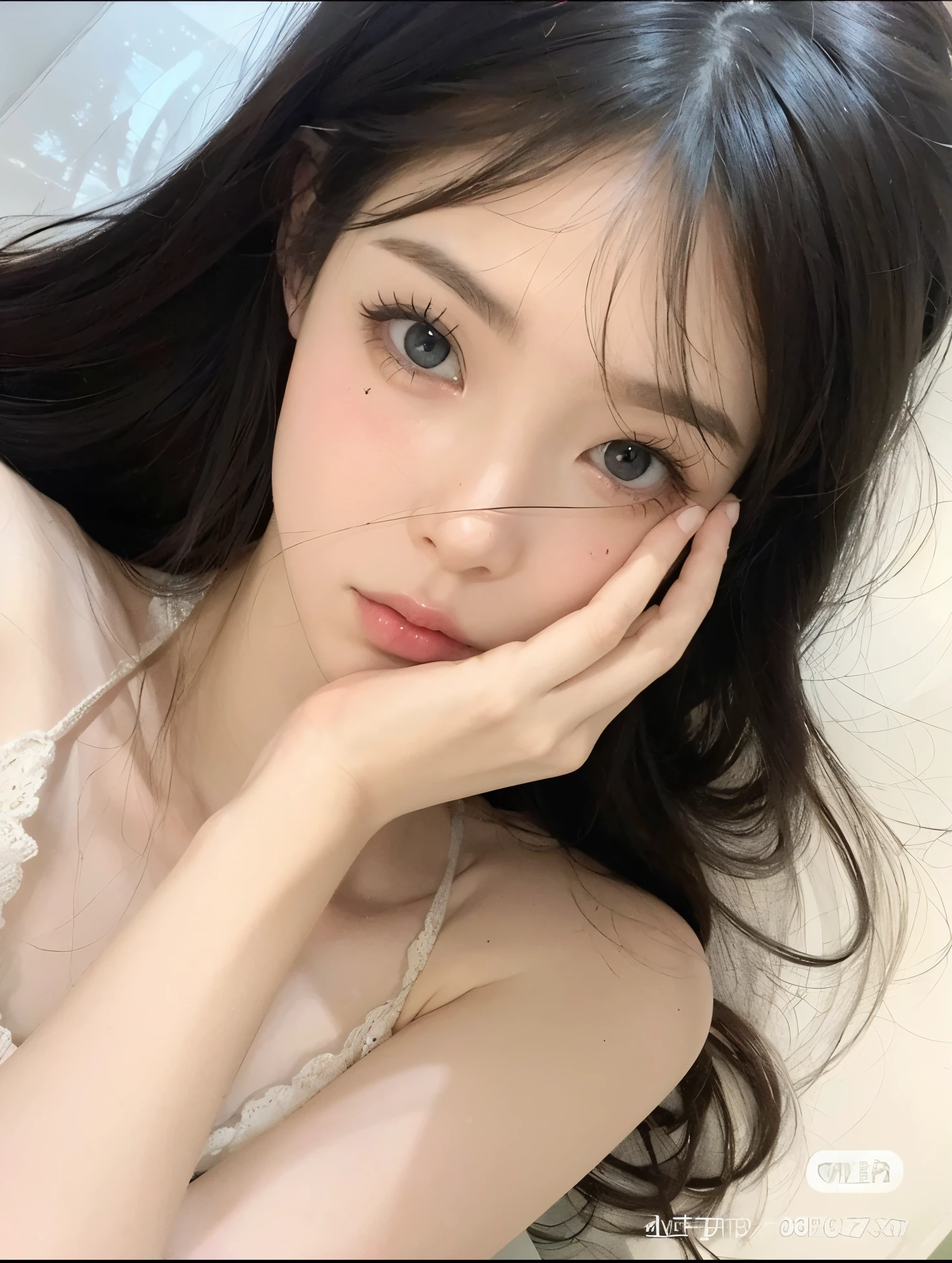 um close up de uma mulher com cabelos longos deitada em uma cama, Ulzzang, bonito-fino-cara, bonito rosto de anime natural, lindo rosto delicado, com bonito - fino - rosto, rosto bonito claro, com olhos bonitos, Rosto bonito das meninanesas, Sakimichan, beautiful aesthetic face, pale fair skin!!, linda Delphine
