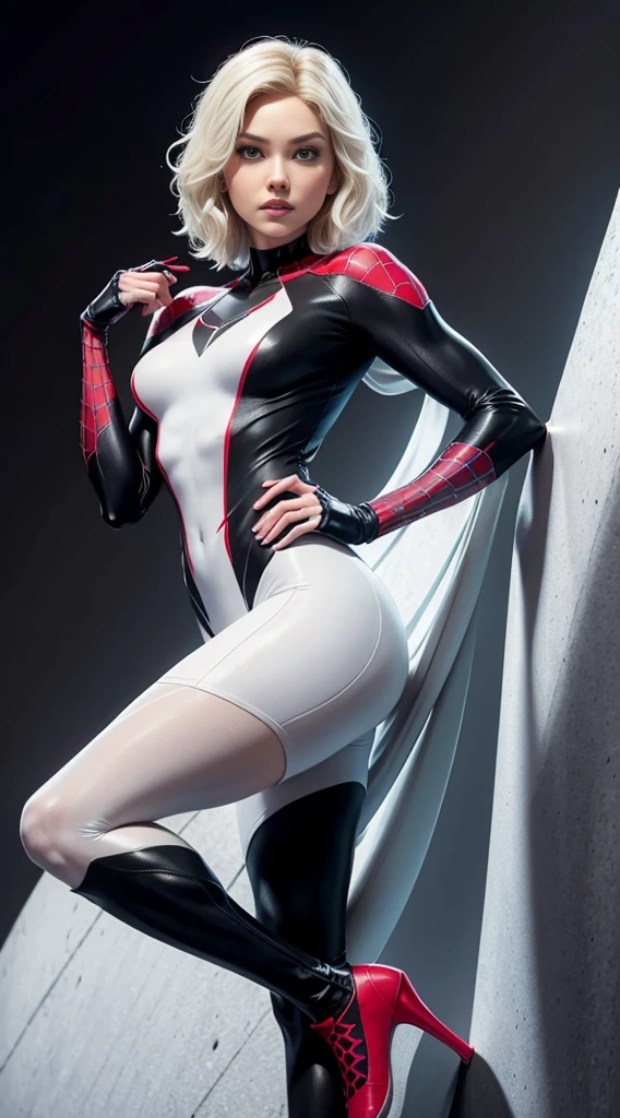 spider gwen, Hot, partial , hightquality, Dynamic Poses, Beautiful, Gorgeous, In love,Short suit, spider in a suit, white black red suit、Elisha Cuthbert