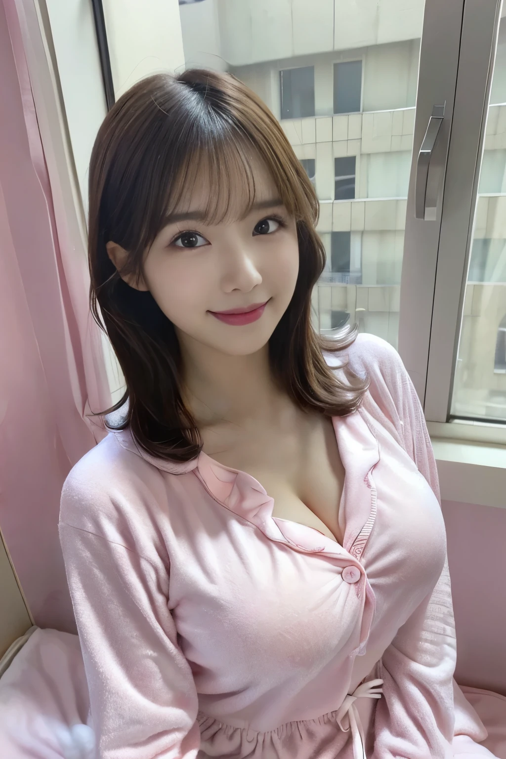 (((short-hair,White teeth:1.3,a smile,pink there,Fluffy pajamas:1.3,morning,window,large boob,teats))),((japanes,femele,cute little)),(clean,short-hair),(top-quality,​masterpiece:1.3,超A high resolution),(ultra-detailliert,Caustics),(Photorealsitic:1.4,RAW shooting,)Ultra-realistic capture,A highly detailed,High resolution 16K resolution