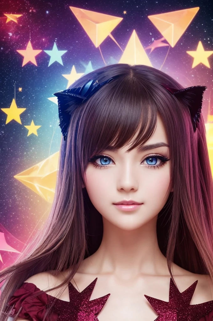 (masterpiece, best quality), ((1girl, (mature female) long hair), (star-shaped pupils, +_+, symbol-shaped pupils, sparkling eyes), (cat ears, open open mouth)), (looking at viewer, light smile, off shoulder), (abstract, multicolored background, abstract background, chromatic aberration), vampire, blood on face, blood on clothes, bat wings