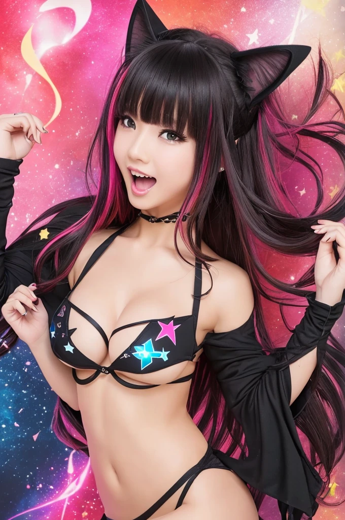 (masterpiece, best quality), ((1girl, (mature female) long hair), (star-shaped pupils, +_+, symbol-shaped pupils, sparkling eyes), (cat ears, open open mouth)), (looking at viewer, light smile, off shoulder), (abstract, multicolored background, abstract background, chromatic aberration), vampire, blood on face, blood on clothes, bat wings