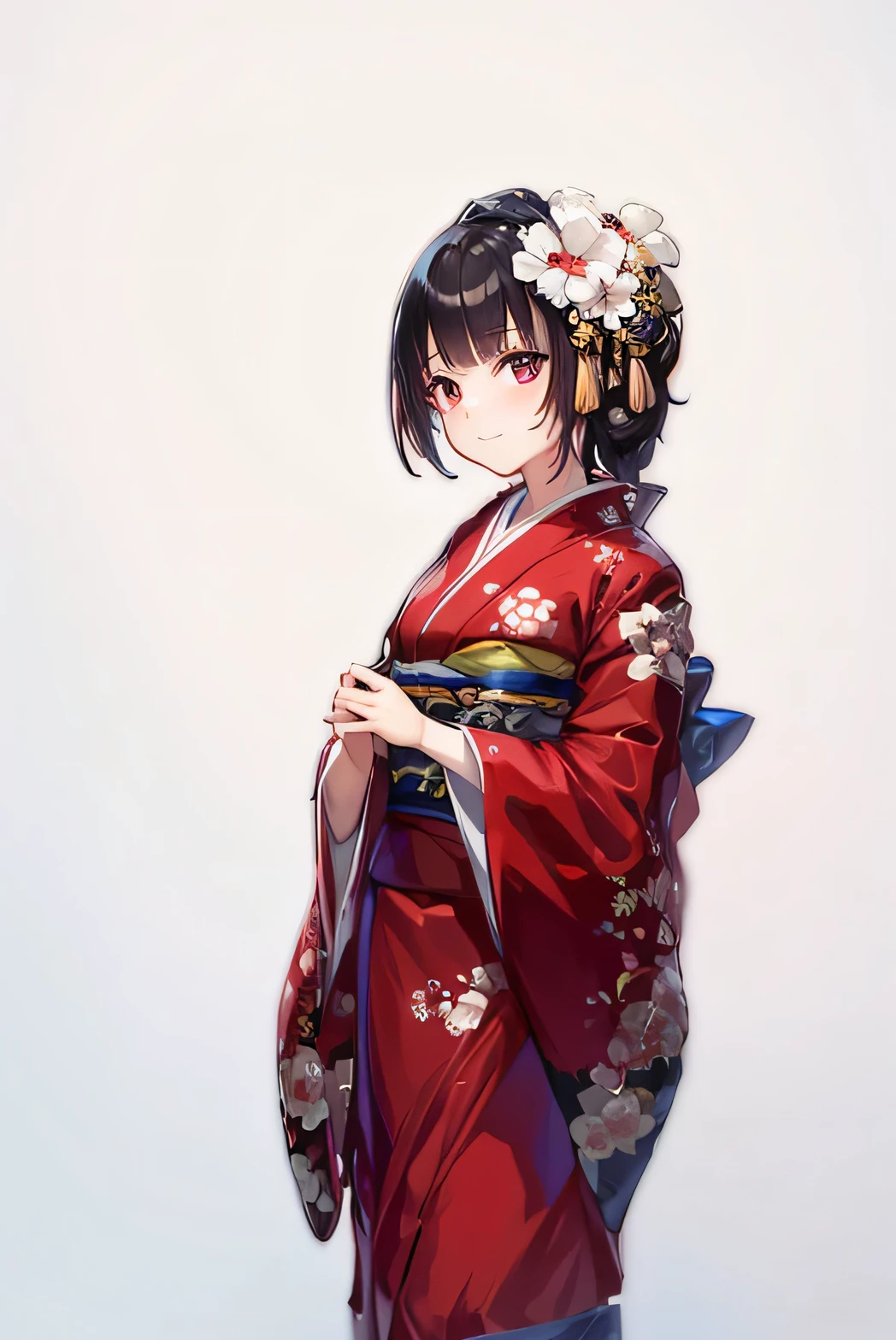 top-quality、High-quality illustrations、1 Japan Girl、Red kimono、A dark-haired、Pattsun bangs、Super Cute、White background、The upper part of the body、A dark-haired、Hair collection、Low steamed bun、View from oblique、Smiling