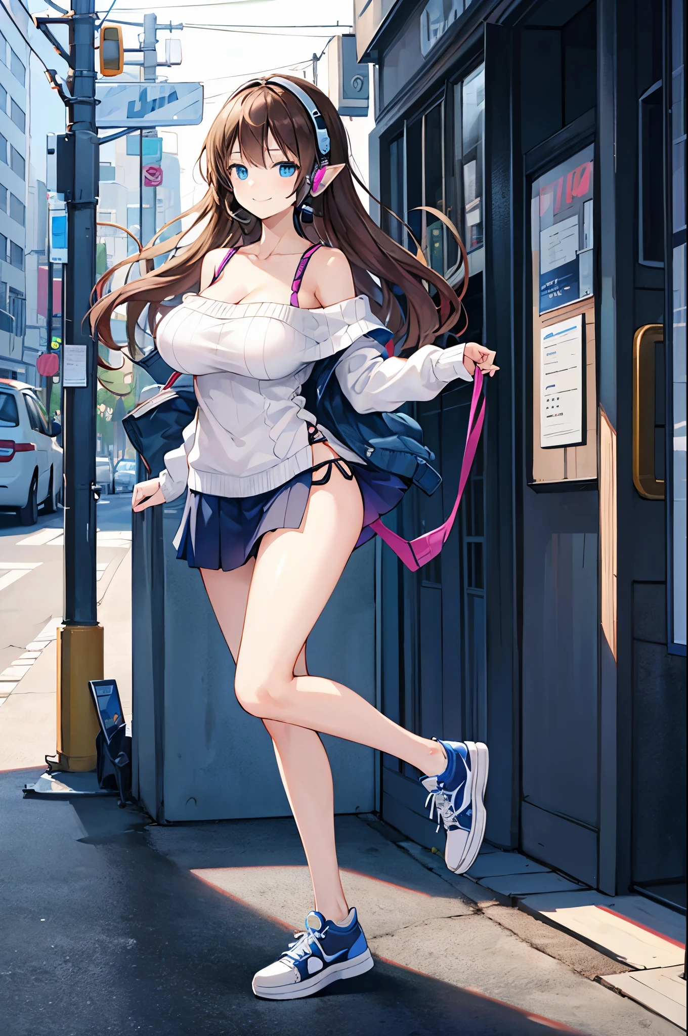 Detail image, realistic image, 1 elf. smiling. She has medium long brown hair which has strands of hair hanging over the right side of her face, large blue eyes and a delicate oval face, large breasts and a slim, curvy figure. She wears a wireless headset that has a triangle-shaped logo. She is wearing an off-shoulder sweater, fabric mini skirt. thin thong. sneakers. Full body view. White background, uniform background. Ambient light. Volumetric Light