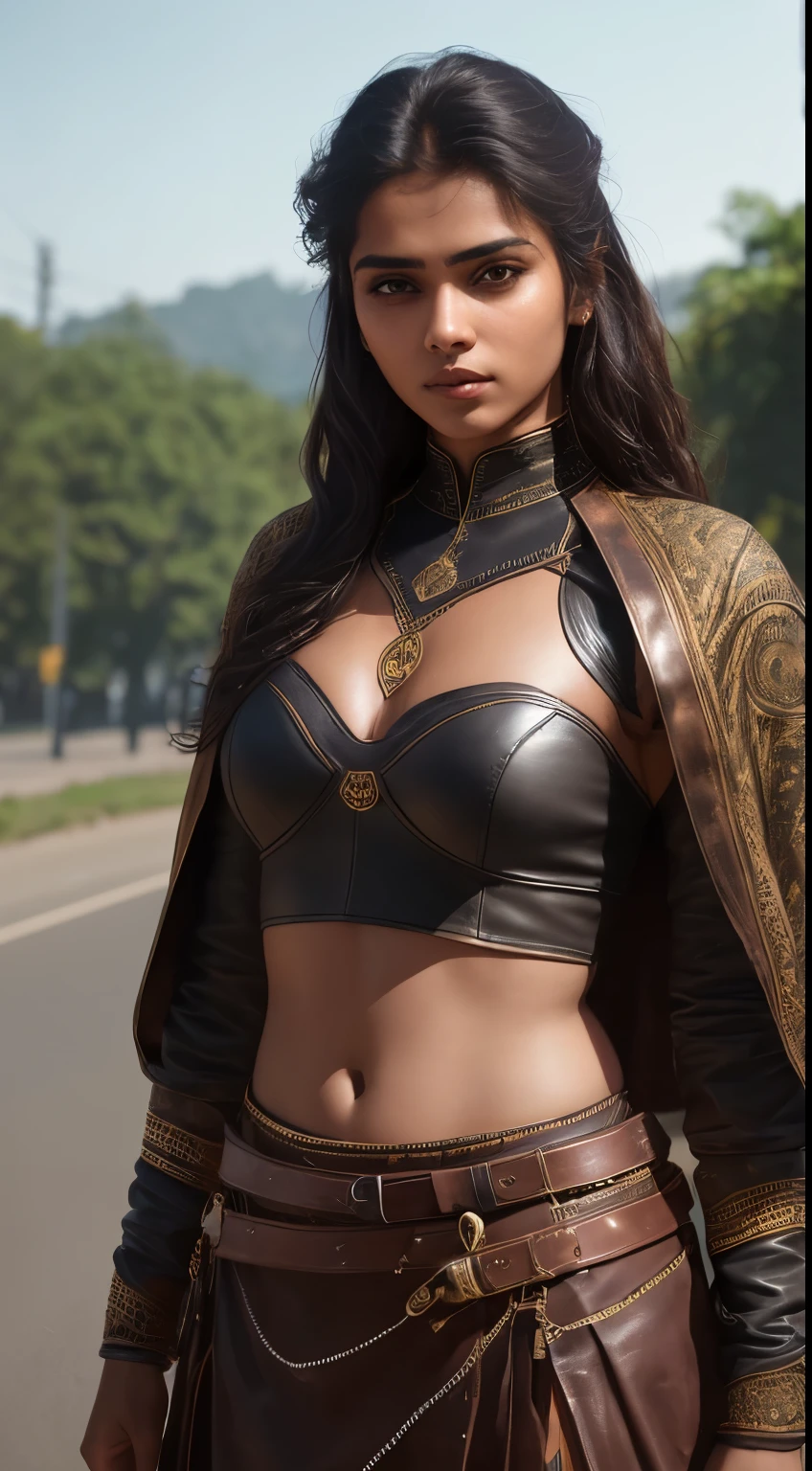 (young Indian girl, 18-year-old, (((wearing a medieval light leather outfit suitable for an assassin. Emphasize the sleekness of the design, Highlight intricate details, such as the texture of the leather, and convey an air of stealth and agility in the character's attire.))), gentle lighting, intricate facial details, flawless complexion, top-notch 3D rendering, hyper-realistic, shot on Indian road. photorealistic digital art trending on Artstation 8k HD high definition detailed realistic, detailed, skin texture, hyper detailed, realistic skin texture, armature, best quality, ultra high res), (photorealistic:1.4),, high resolution, detailed, raw photo, 400 camera f1.6 lens rich colors hyper realistic lifelike texture dramatic lighting unrealengine trending on artstation cinestill 800