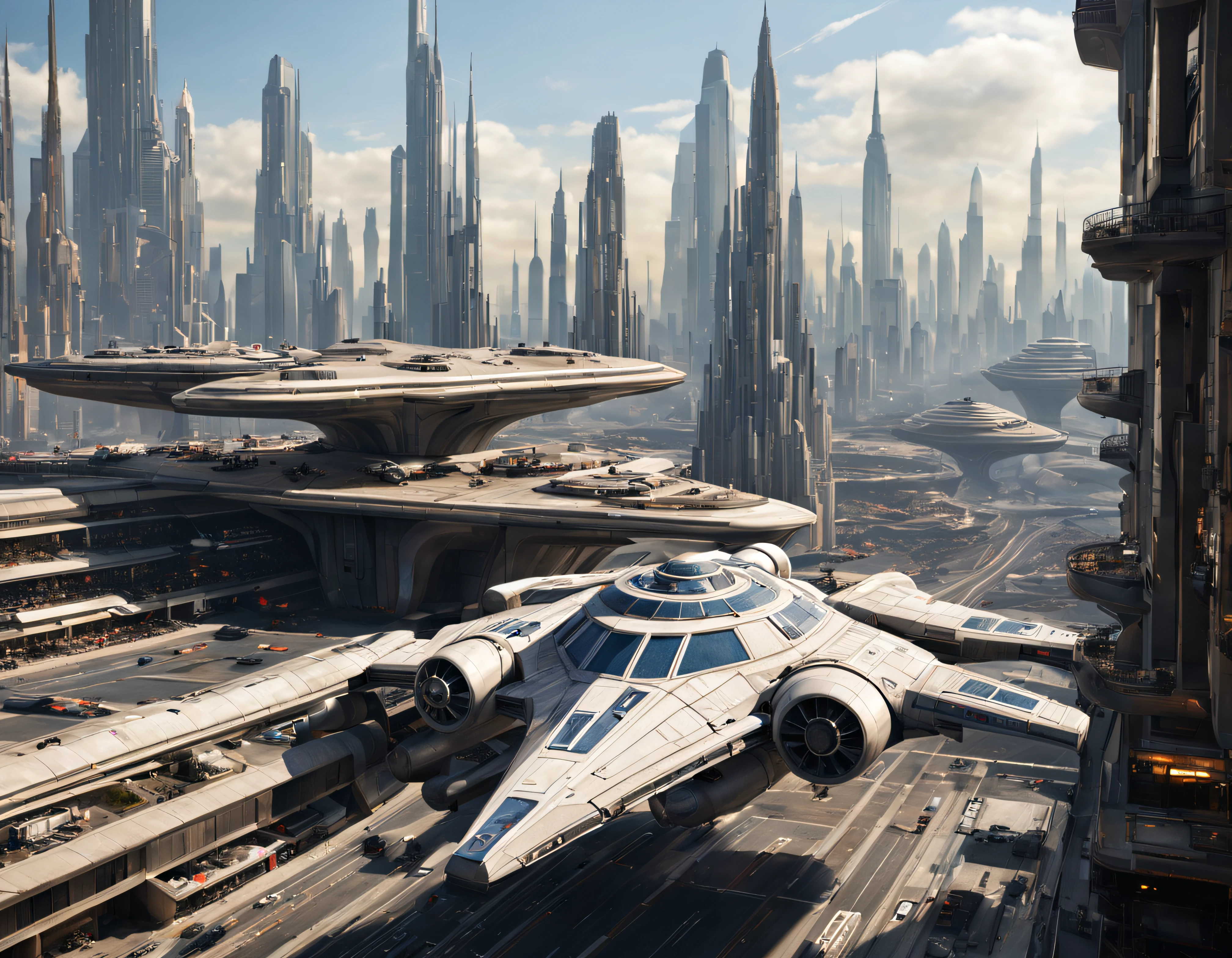 sta desde una terraza de la ciudad de coruscant de star wars, con sus inmensos edificios futuristas, divisandose el aeropuerto de coruscant, con una inmensa nave alargada posada, (Design by Doug Chiang), edificios del fondo nitidos y bien definidos, intrincados detalles de la maquina de la mas alta calidad, estilo cinematografico, nitidez absoluta, imagen 8k. (obra maestra).