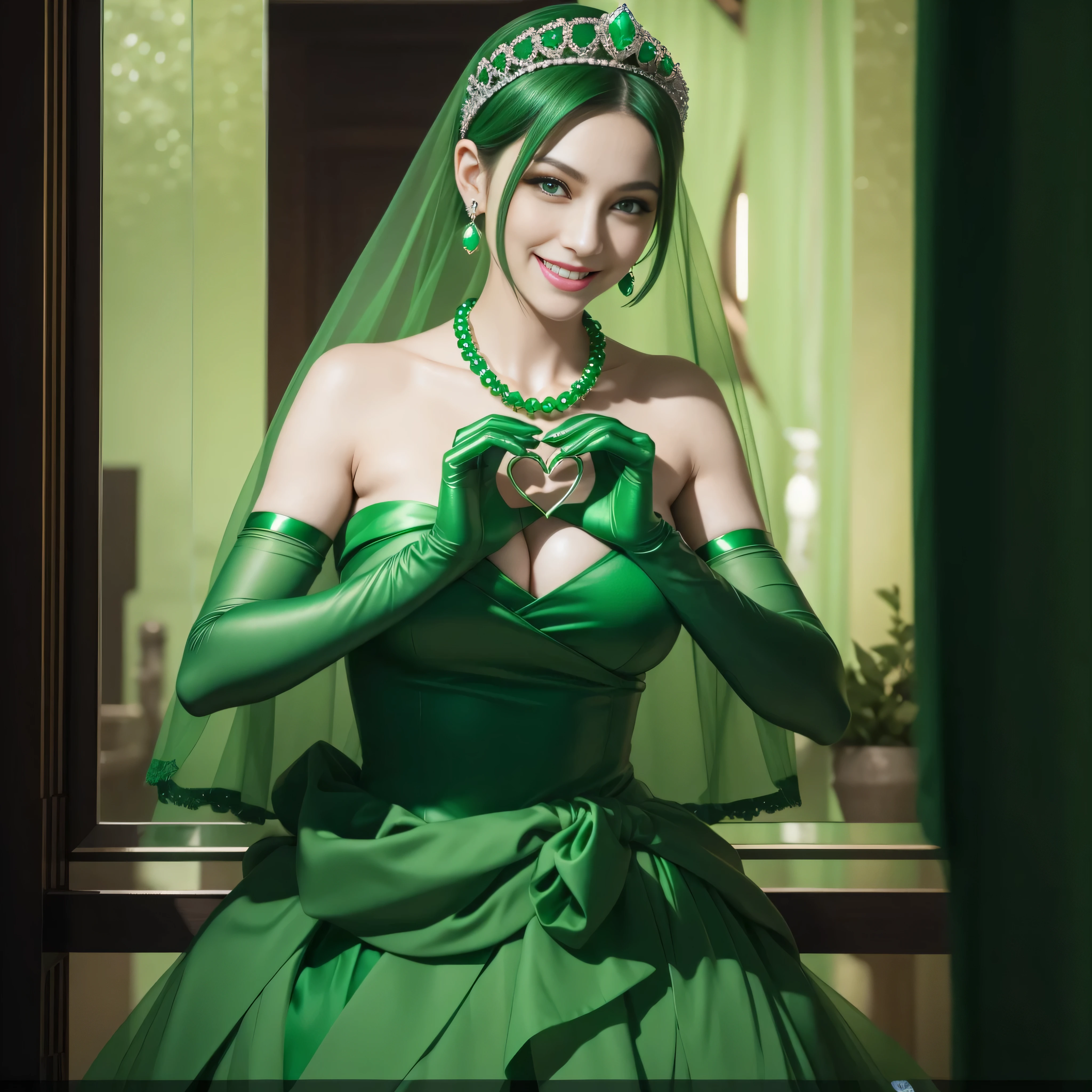 emerald tiara, Green Pearl Necklace, Boyish very short green hair, lipsticks, Japan woman smiling, very short short hair, big breasts beautiful, Green eyes, Long green gloves made of satin material, Green eyes, Emerald Earrings, green vale, 両Heart in the hand, Heart in the hand
