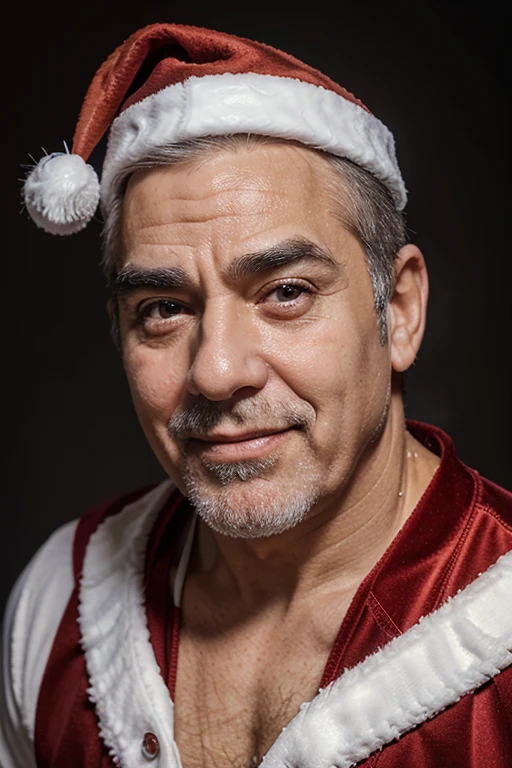 Phisician, general practitioner, wore Santa Claus' clothes ,Strong body,bellyfat,Icy background,60-year-old middle-aged man,male people,he is about 60 years old,Thick eyebrows, Big eyes,opens his eyes wide,With a smile,Gentle expression,Give gifts