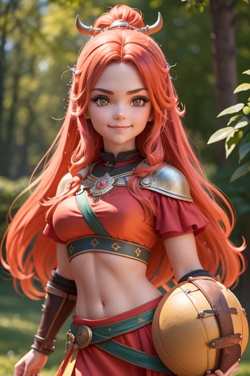 Beautiful female head viking, pelo rojo, disfraz de guerrera vikinga, en globo de nieve, sonrisa suave, Lindo retrato de cuerpo entero, figura esbelta de pie, Personaje de dibujos animados, personaje de pixar, medieval, Renderizado 3D, symatic lighting, Trazado de rayos. Rojo crujiente, luz radiante, bosque misteriosa, (la mejor calidad, 8k, high resolusion, tmasterpiece:1.2), caprichoso.