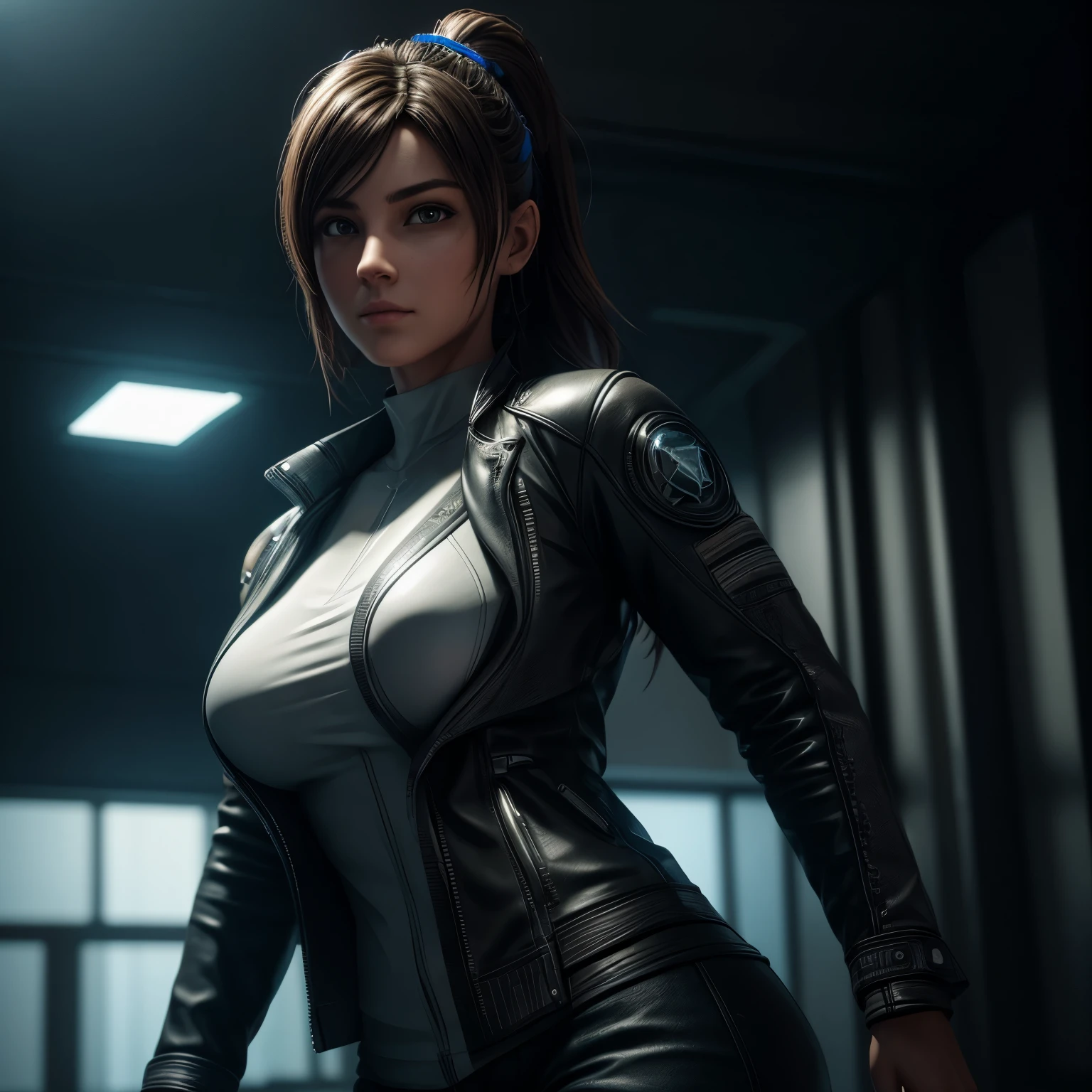 ((Best quality)), ((masterpiece)), (detailed:1.4), 3D, A beautiful cyberpunk female figure,Thick hair,light particules,Pure energy chaos anti-technology,HDR(HighDynamicRange),Ray traching,NVIDIA RTX,Super-Resolution,Unreal 5,Subsurface scattering,PBR Texturing,Post-processing,Anisotropic Filtering,Depth-of-field,Maximum clarity and sharpness,Multi-layered textures,Albedo and Specular maps,Surface shading,Accurately simulate light-material interactions,perfectly proportions,Octane Render,twotonelighting,largeaperture,Low ISO,White balance,the rule of thirds,8K RAW transparent leather jacket