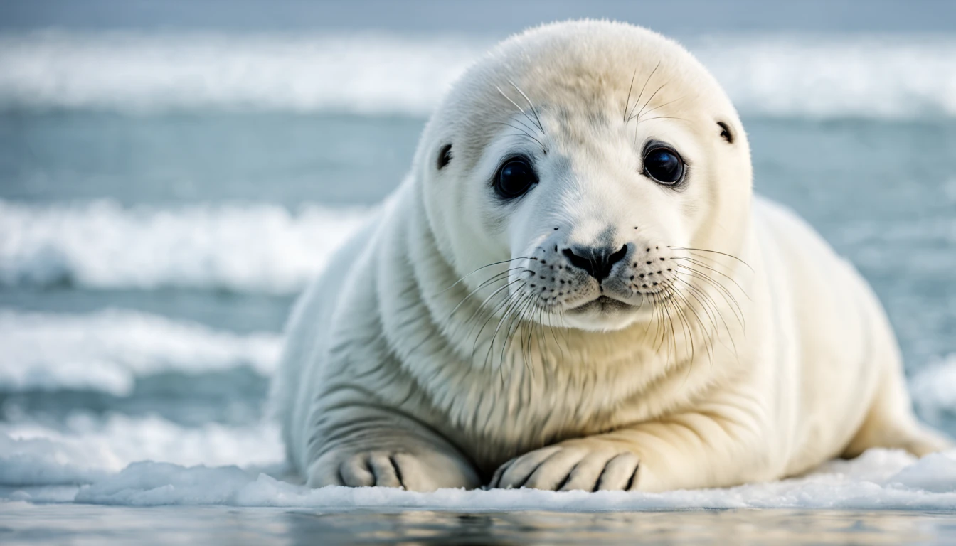 white seal,very cute, animal photo, in winter sea,best quality, masterpiece