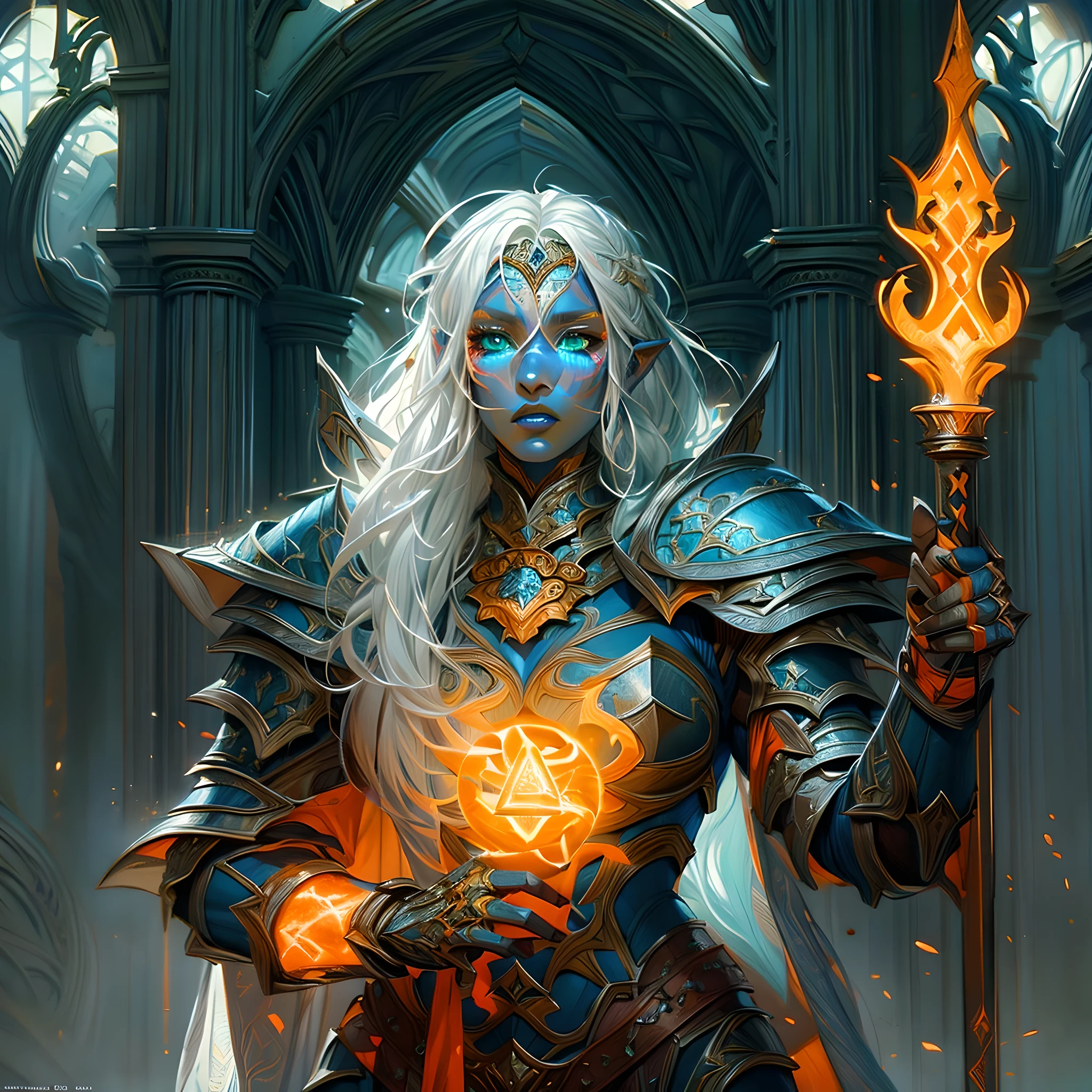 fantasy art, dnd art, RPG art, drkfntasy wide shot, (masterpiece: 1.4) portrait, intense details, highly detailed, photorealistic, best quality, highres, glowing particle portrait a vedalken female (fantasy art, Masterpiece, best quality: 1.3) (blue skin: 1.5), intense details facial details, exquisite beauty, (fantasy art, Masterpiece, best quality)cleric, (blue colored skin: 1.5) blue skinned female, (white hair: 1.3), long hair, intense green eye, fantasy art, Masterpiece, best quality) armed a fiery sword red fire, wearing heavy (white: 1.3) half plate mail armor CM-Beautiful_armor wearing high heeled laced boots, wearing an(orange :1.3) cloak, wearing glowing holy symbol GlowingRunes_yellow, within fantasy temple background, reflection light, high details, best quality, 16k, [ultra detailed], masterpiece, best quality, (extremely detailed), close up, ultra wide shot, photorealistic, RAW, fantasy art, dnd art, fantasy art, realistic art,