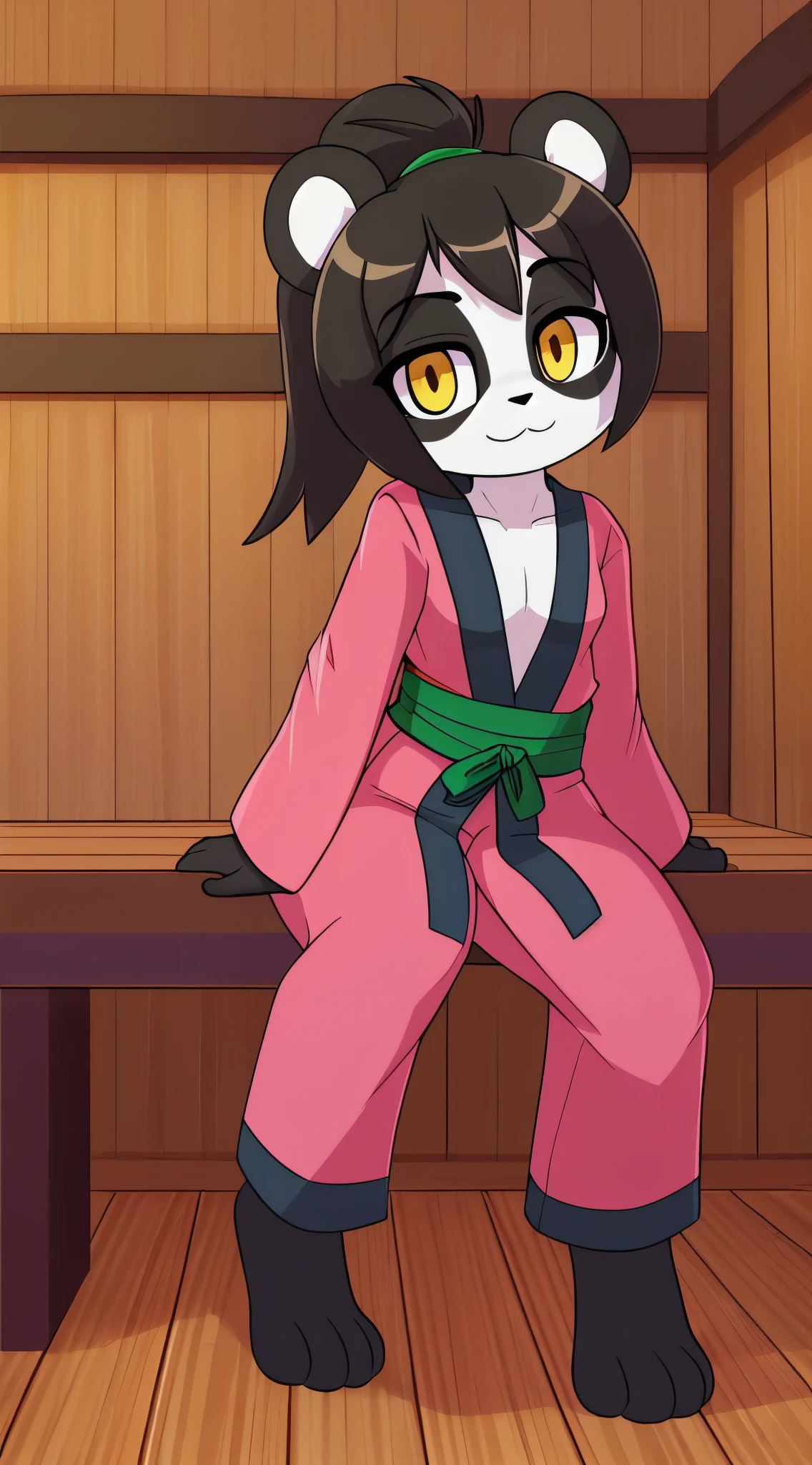 furry girl, young, panda, black hair, open bangs, long ponytail, anime style, small breasts, yellow eyes, ((pink kimono, hakama pants)), high quality, detailed body, detailed eyes, detailed face, masterpiece, glistening body, detailed body fur, best quality, panda body fur, two tone body fur, black body fur, white body fur, skinny, :3, black panda eyeshadows, panda ears, perfect lighting, perfect shadows, perfect eyes, perfect hair, perfect face, gorgeous body, tavern, beer on table, sitting on chair, full body, feets whit three toes,