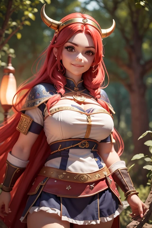Beautiful female head viking, pelo rojo, disfraz de guerrera vikinga, en globo de nieve, sonrisa suave, Lindo retrato de cuerpo entero, figura esbelta de pie, Personaje de dibujos animados, personaje de pixar, medieval, Renderizado 3D, symatic lighting, Trazado de rayos. Rojo crujiente, luz radiante, bosque misteriosa, (la mejor calidad, 8k, high resolusion, tmasterpiece:1.2), caprichoso.