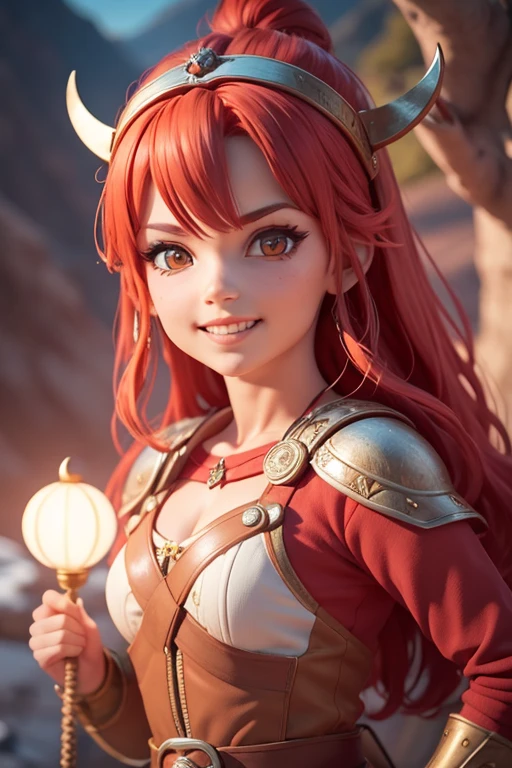 Beautiful female head viking, pelo rojo, disfraz de guerrera vikinga, en globo de nieve, sonrisa suave, Lindo retrato de cuerpo entero, figura esbelta de pie, Personaje de dibujos animados, personaje de pixar, medieval, Renderizado 3D, symatic lighting, Trazado de rayos. Rojo crujiente, luz radiante, bosque misteriosa, (la mejor calidad, 8k, high resolusion, tmasterpiece:1.2), caprichoso.